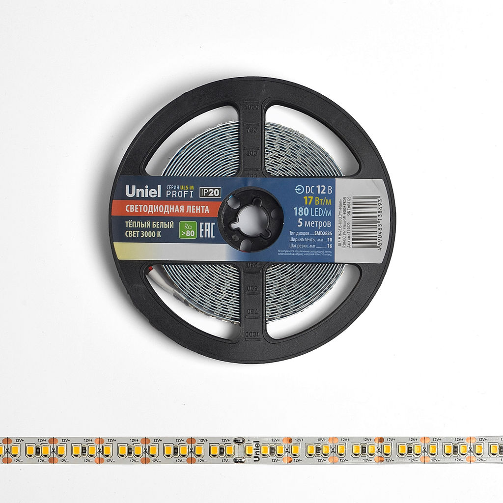 ULS-M16-2835-180LED/m-10mm-IP20-DC12V-17W/m-5M-3000K PROFI Гибкая светодиодная лента на самоклеящейся основе. Катушка 5м. в герметичной упаковке. Теплый белый свет(3000К). ТМ Uniel