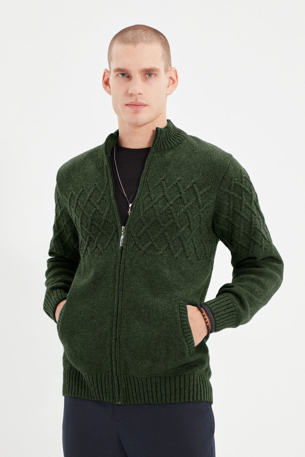 TRENDYOL MAN Haki Regular Yunlu Yar?m Bal?kc? Yaka Baklava Triko H?rka TMNAW22HI0146