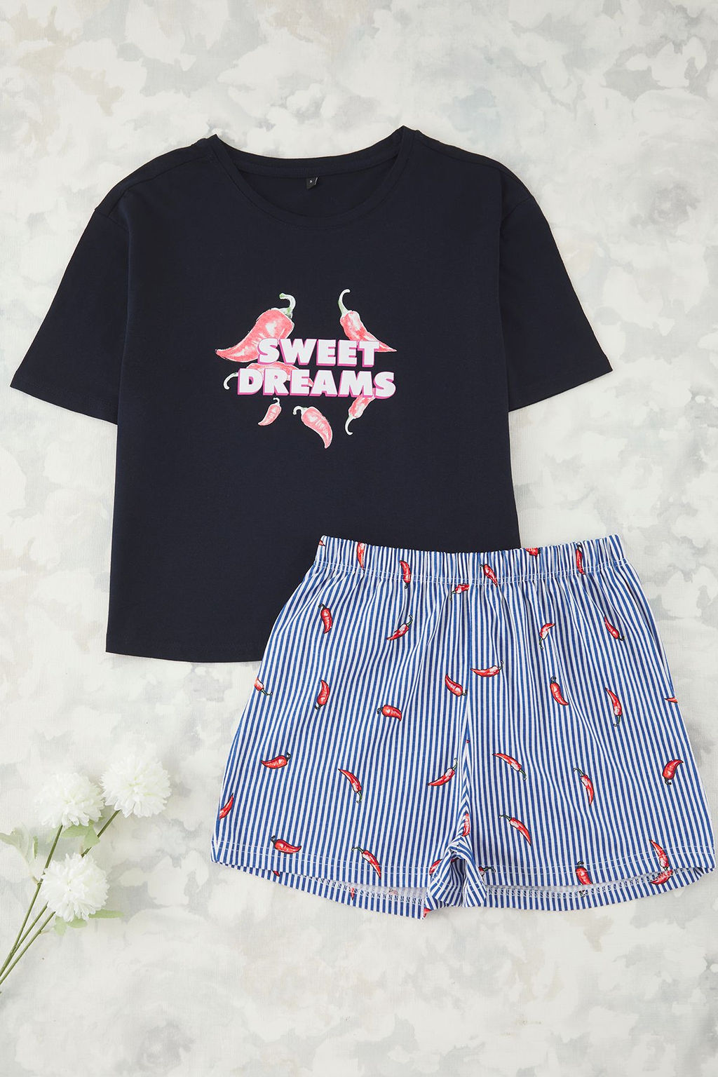 Trendyolmilla Beyaz %100 Pamuklu Cizgili Biber Desenli Sortlu Orme Pijama Tak?m? THMSS25PT00261 фото 6