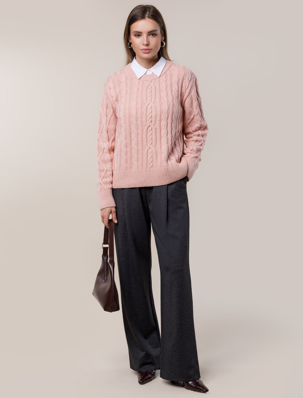 Свитер фактурной вязки с узором косы - Vilatte фото 4