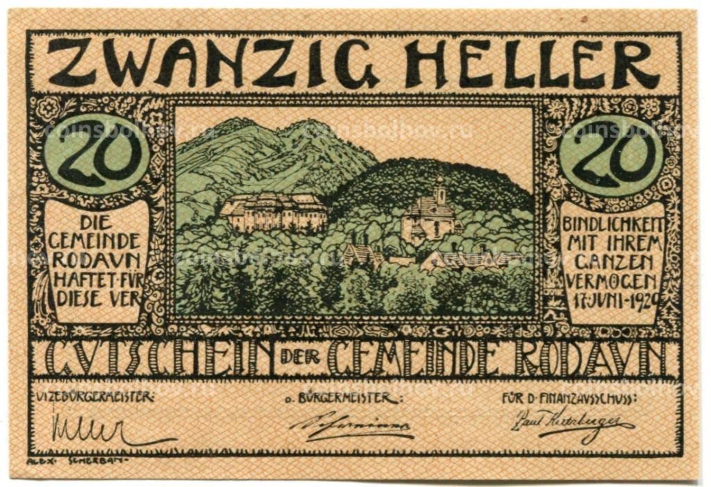 20 геллеров 1920 года Австрия Родаун (нотгельд)