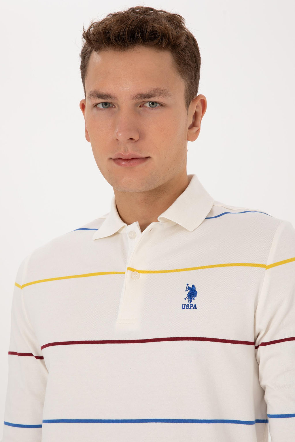 Erkek Regular Fit Polo Yaka _izgili Krem Sweatshirt