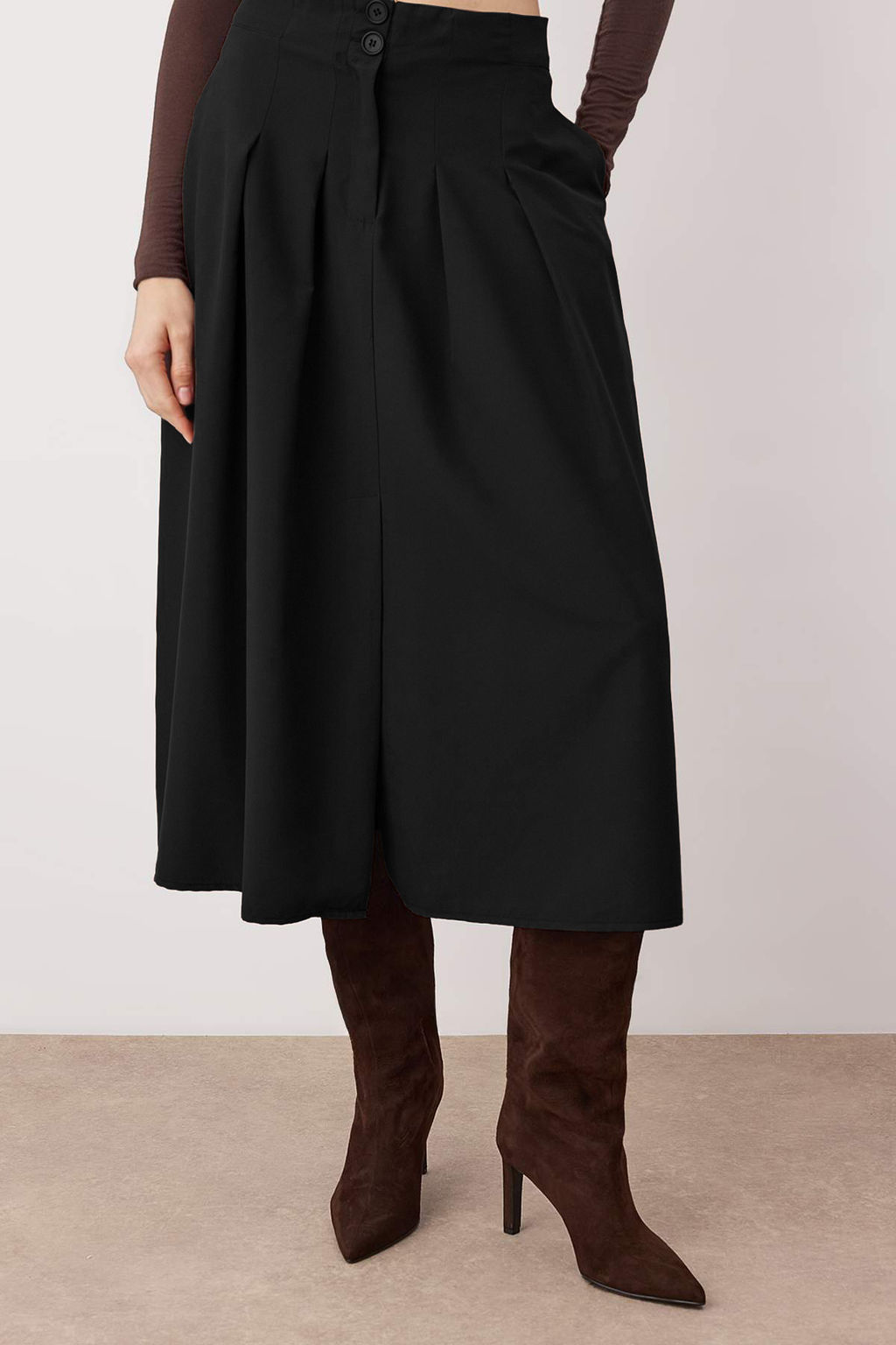 Siyah Pile Detayl? Onden Y?rtmacl? Midi Boy Dokuma Etek TWOSS24ET00169