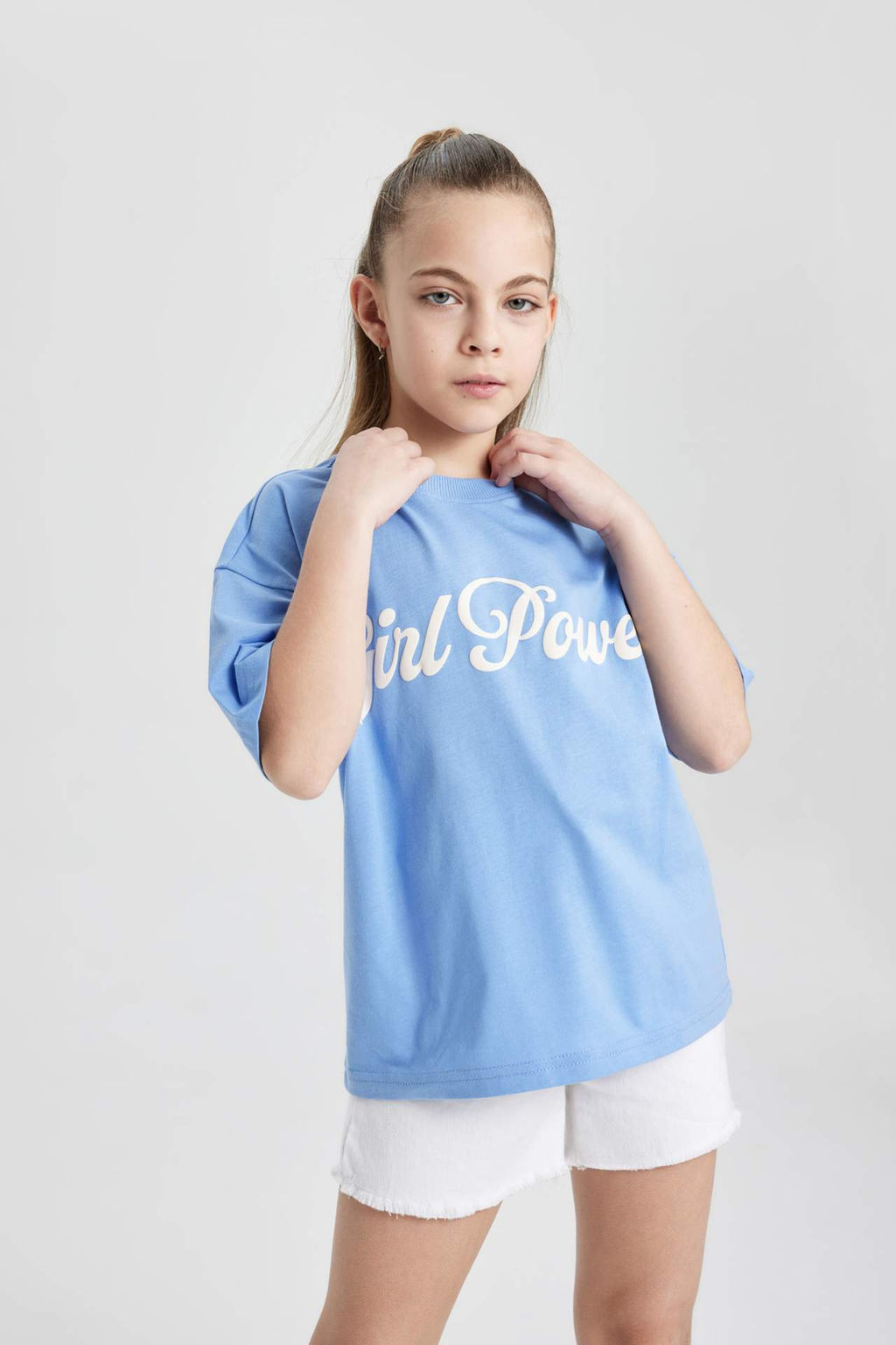 K?z Cocuk Oversize Genis Kal?p Bisiklet Yaka Bask?l? K?sa Kollu Tisort - Defacto фото 2