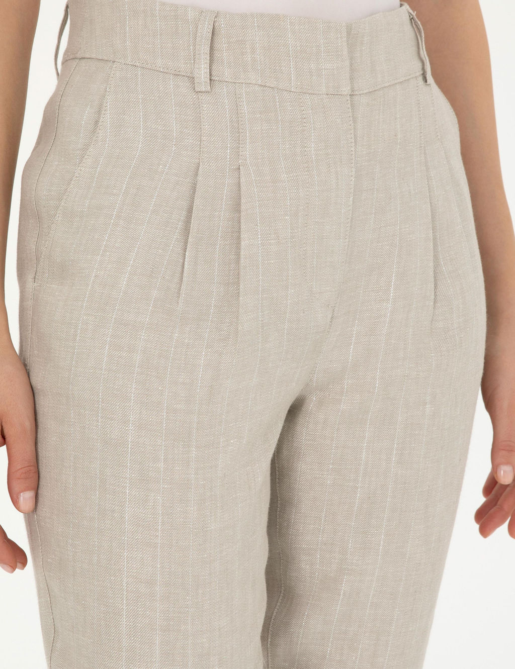 Bej Keten Kar___ml_ Carrot Fit Pantolon