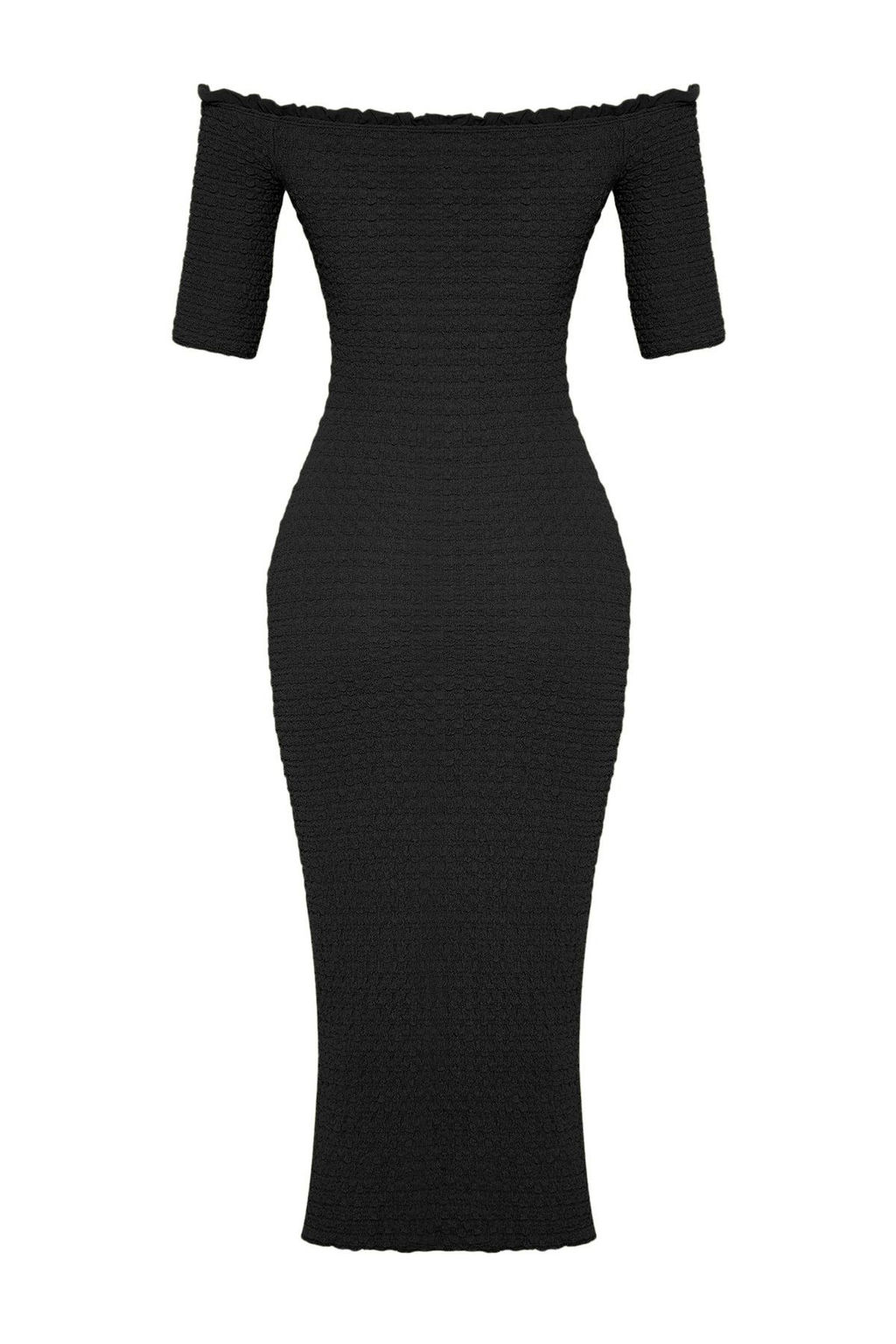 Siyah Duz Midi Dokulu Fitted/Vucuda Oturan Buzgulu Carmen Yaka Esnek Orme Elbise TWOSS25EL00067 - Trendyolmilla фото 10