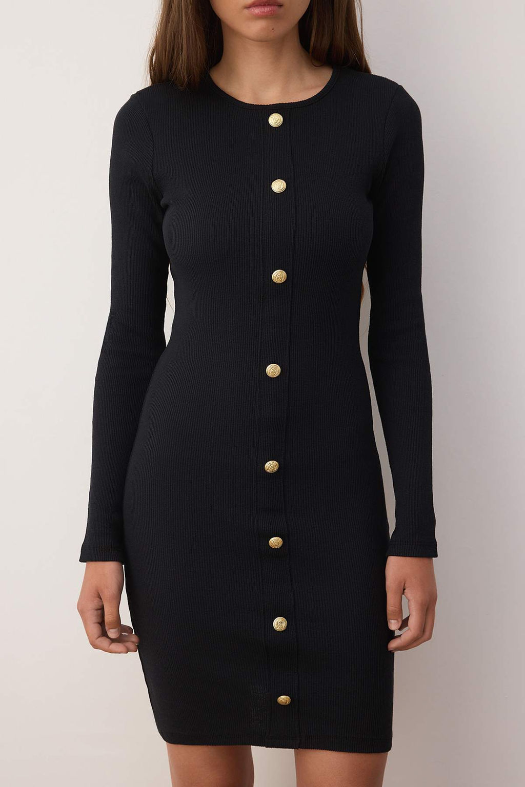 Siyah Duz Bisiklet Yaka Dugmeli Bodyone/Vucuda Oturan Fitilli Esnek Mini Orme Elbise TWOAW26EL00038 - Trendyolmilla фото 3
