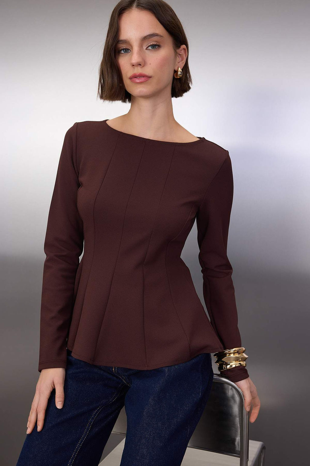 Kahverengi Kay?k Yaka Peplum/Belden Oturmal? Regular Boy Orme Bluz TWOAW26BZ00166