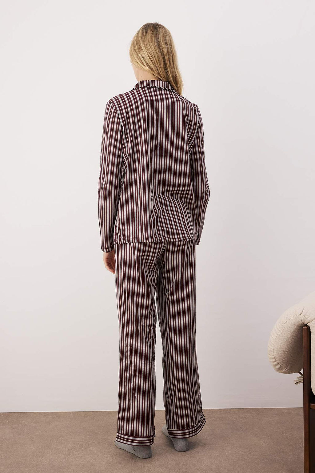 Trendyolmilla Pembe %100 Pamuklu Cizgili Gomlek-Pantolon Orme Pijama Tak?m? THMAW24PT00144  фото 20