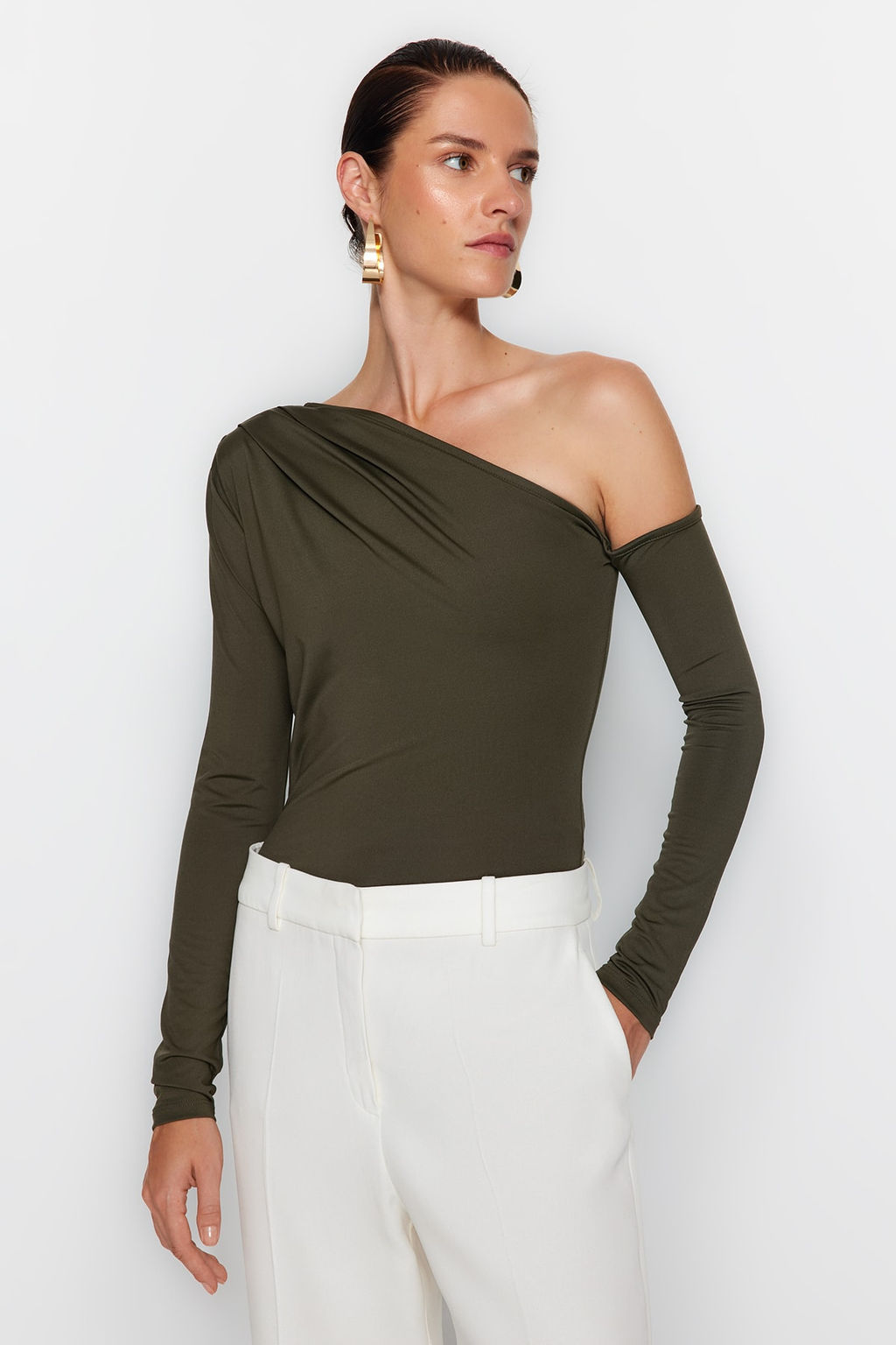 Haki Asimetrik Yaka Uzun Kollu Esnek C?tc?tl? Orme Body TWOAW22BD0080