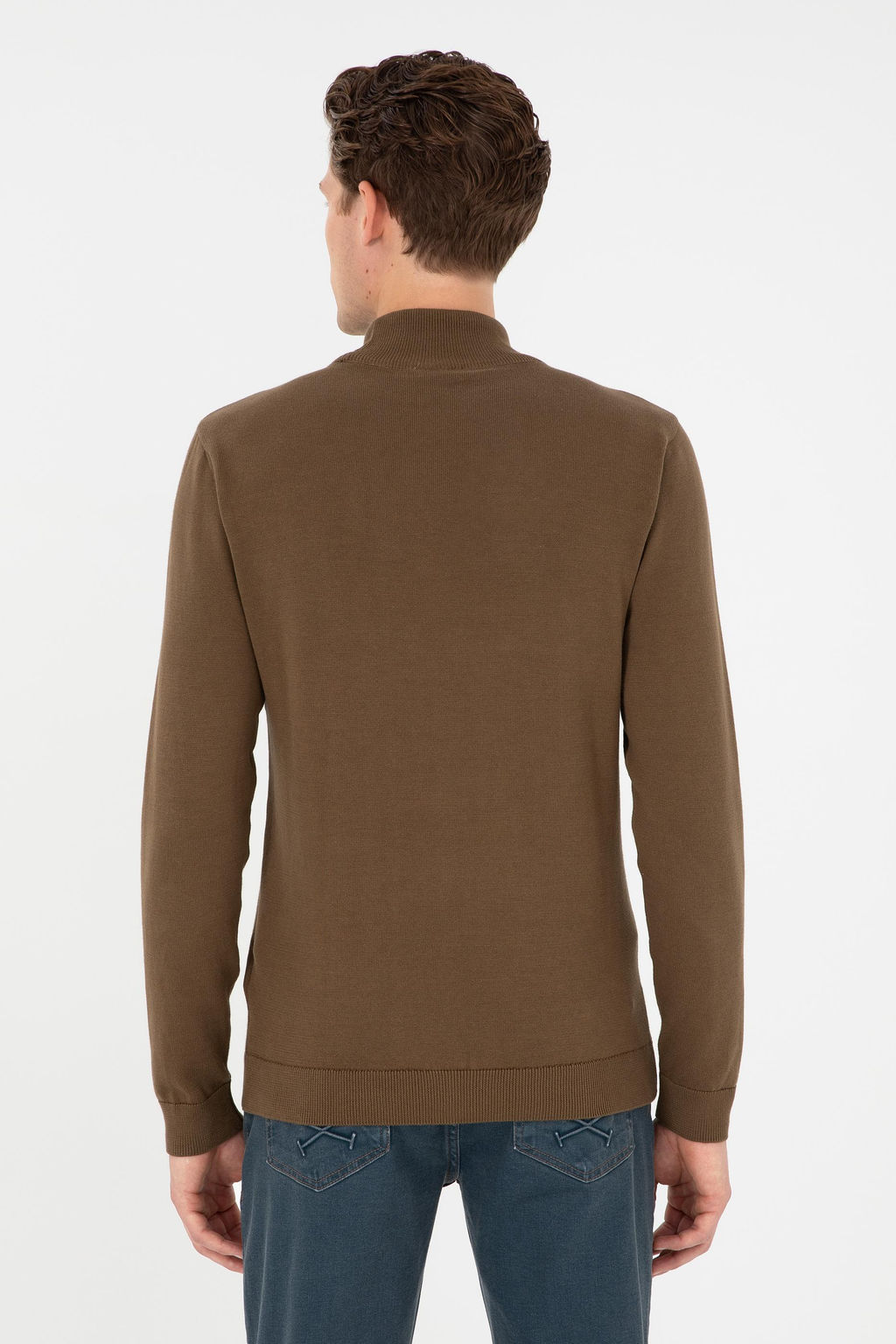 Erkek Slim Fit Yar_m Bo_azl_ Haki Basic Kazak