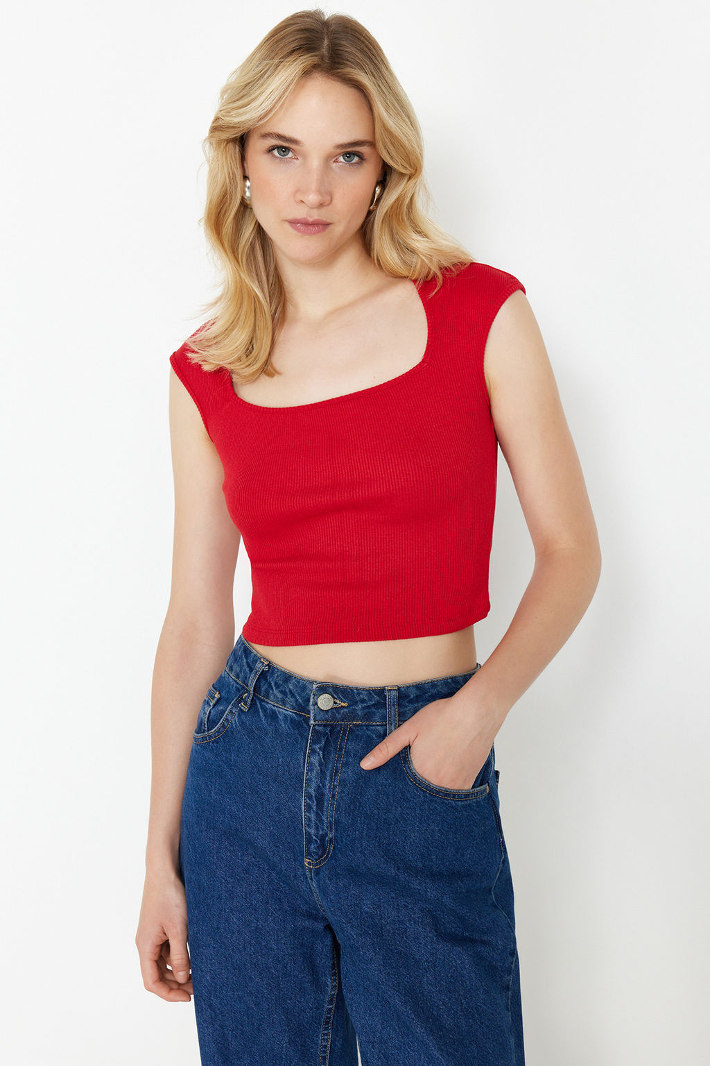 K?rm?z? fitted/vucuda Oturan Fitilli Esnek Orme Bluz TWOSS24BZ00641