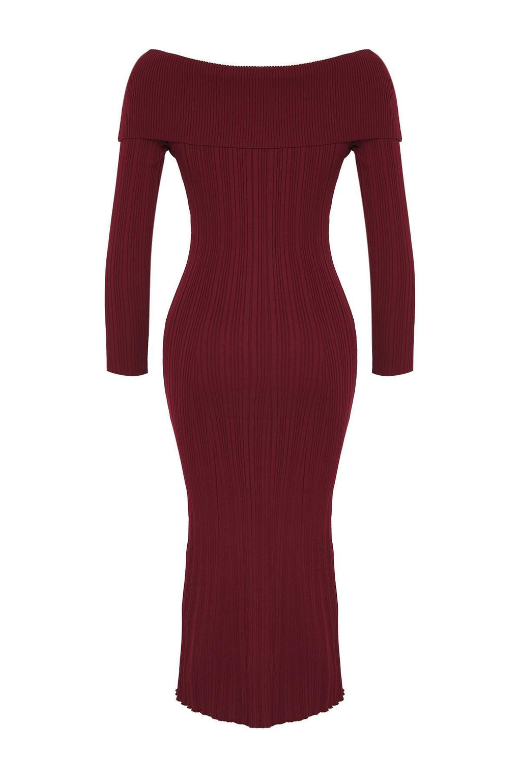 Bordo Duz Midi Midi Triko Basic Carmen Yaka Triko Elbise TWOAW25EL00033