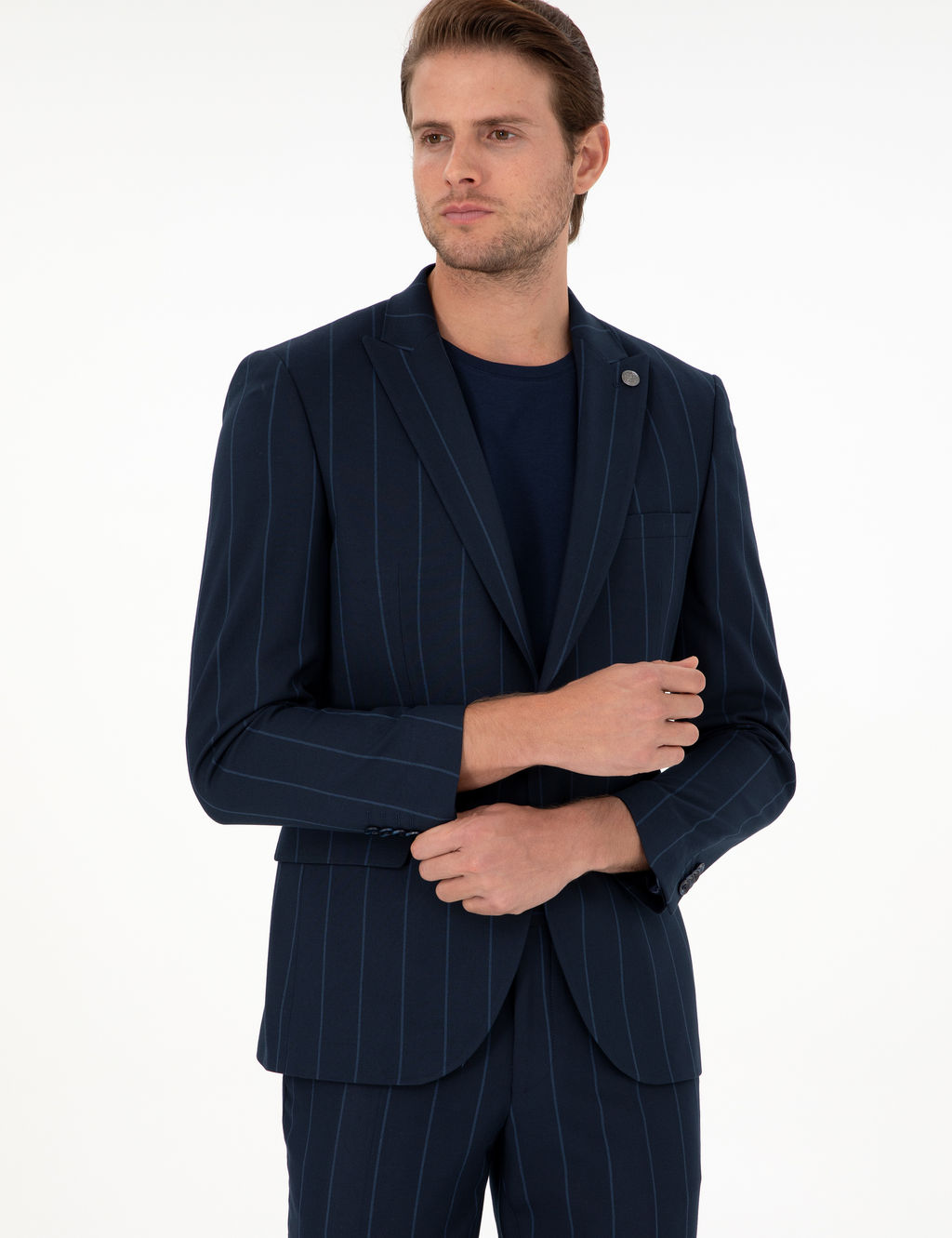 Lacivert Extra Slim Fit _izgili Tak_m Elbise