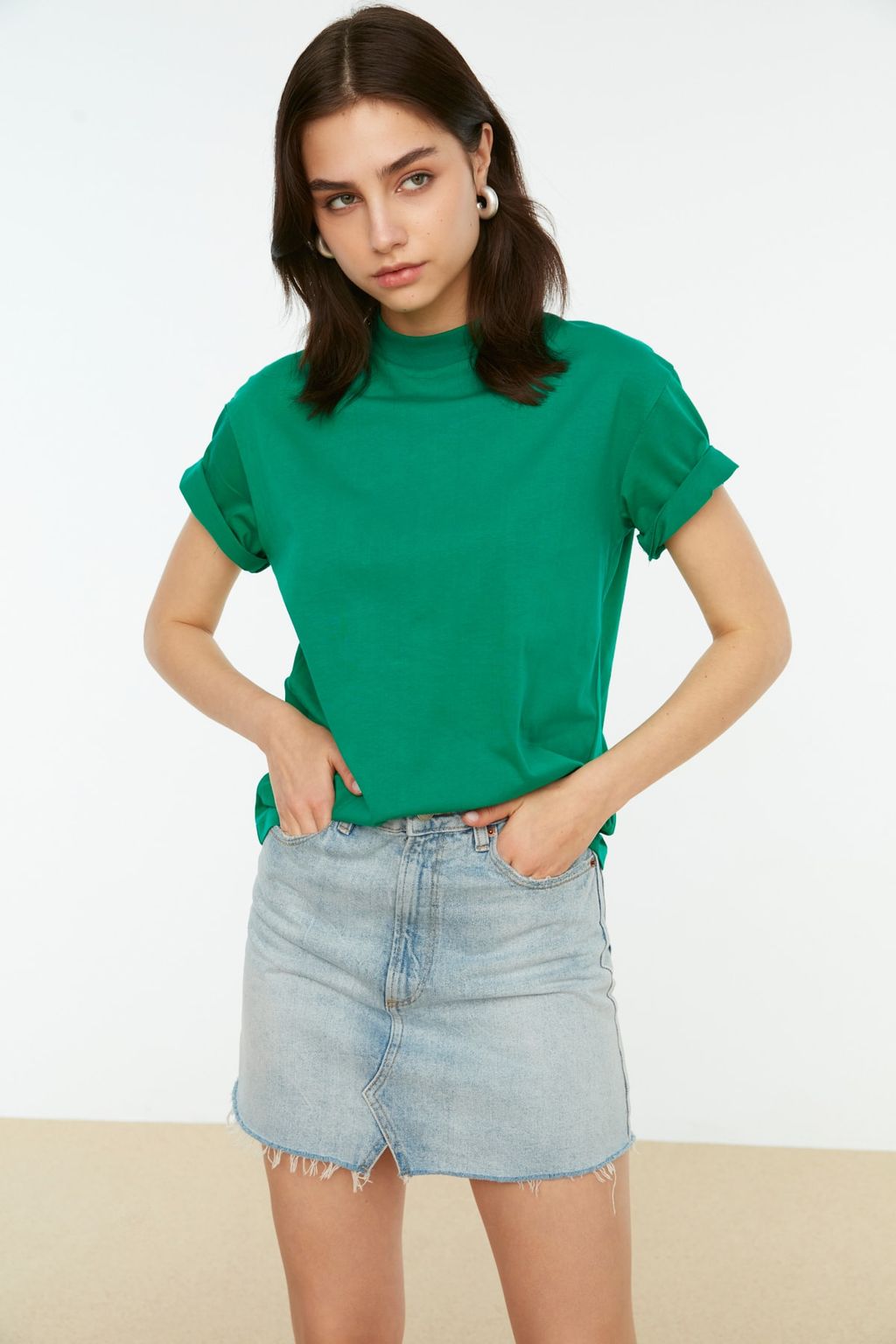 Yesil %100 Pamuk Basic Regular/Normal Kal?p Dik Yaka Orme T-Shirt TWOAW20TS0096