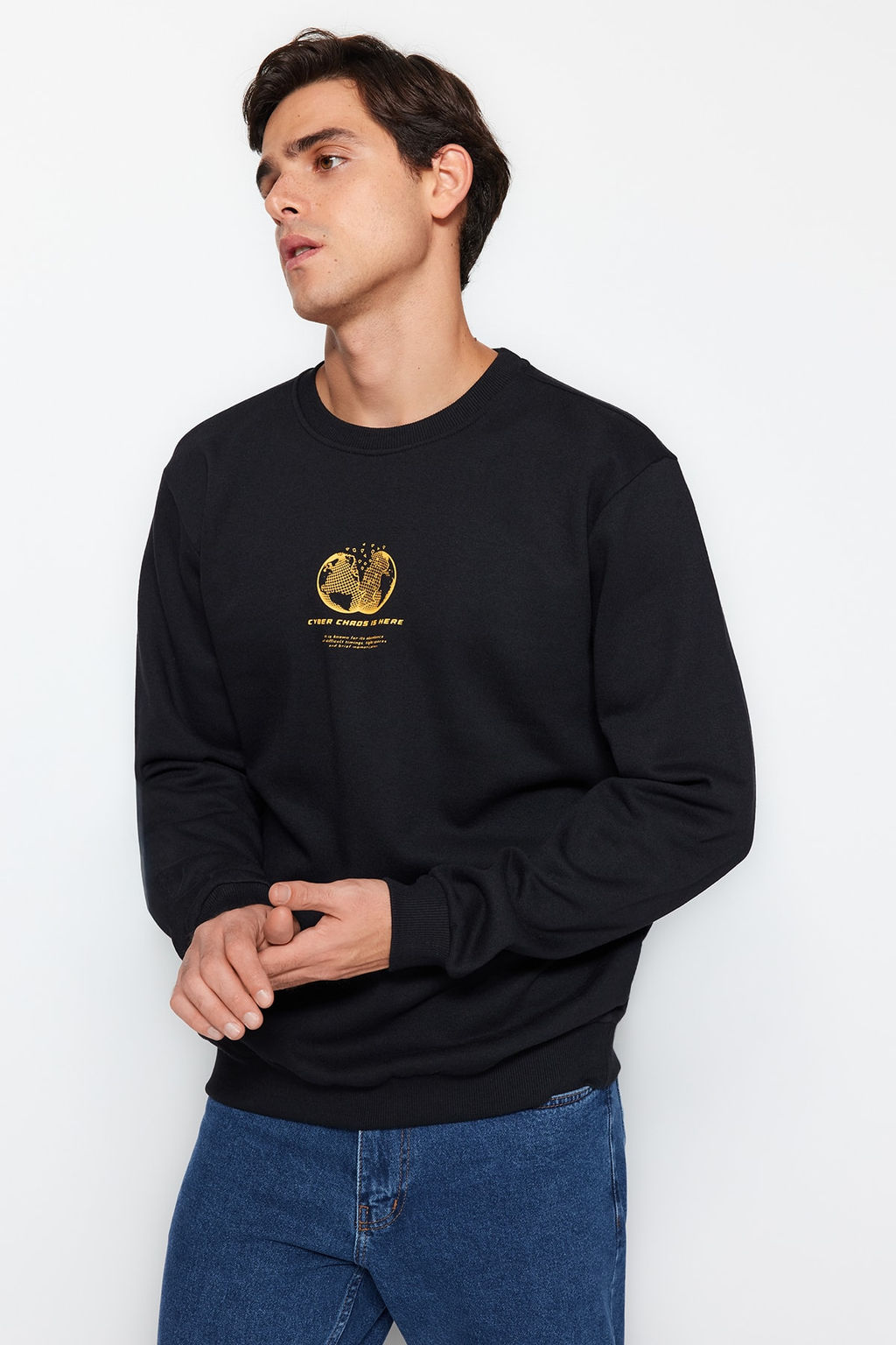 Siyah Bisiklet Yaka Regular/Normal Kesim Uzay Bask? Ici Polar/S?cak Tutan Sweatshirt TMNAW24SW00093