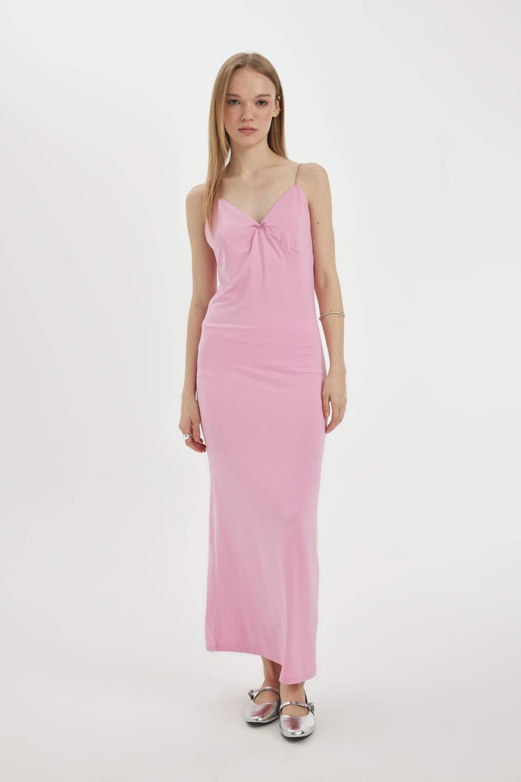 Coool Slim Fit Dar Kesim V Yaka Ask?l? Maxi Elbise - Defacto фото 2