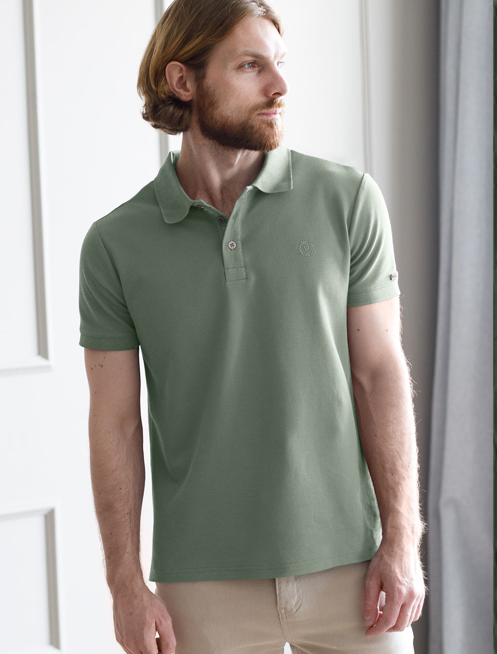 Поло Vilatte из хлопка светло-оливковое  фото 2