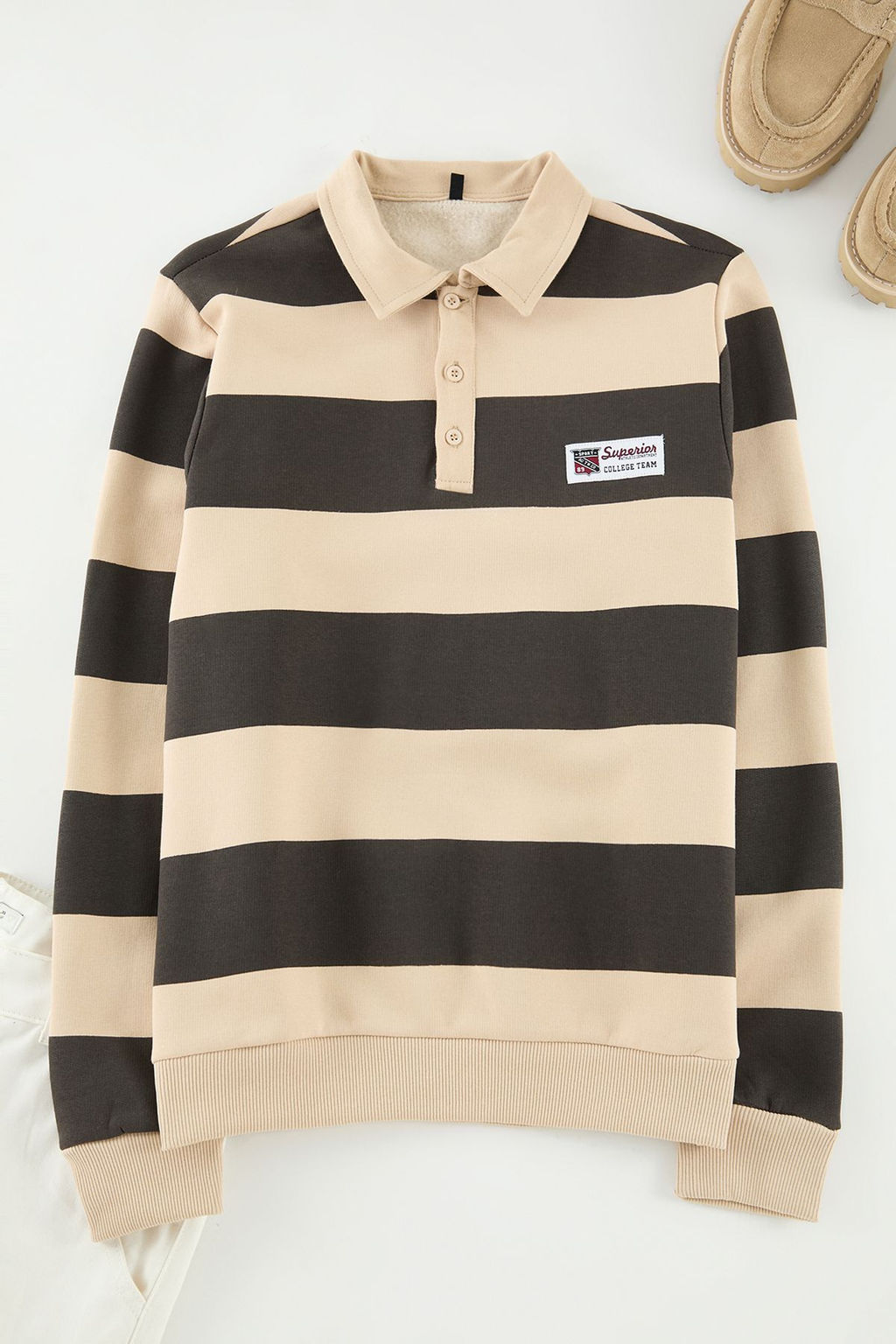 TRENDYOL MAN Lacivert Regular/Normal Kesim Polo Yaka Cizgili Ici Polar/S?cak Tutan Sweatshirt TMNAW24SW00240