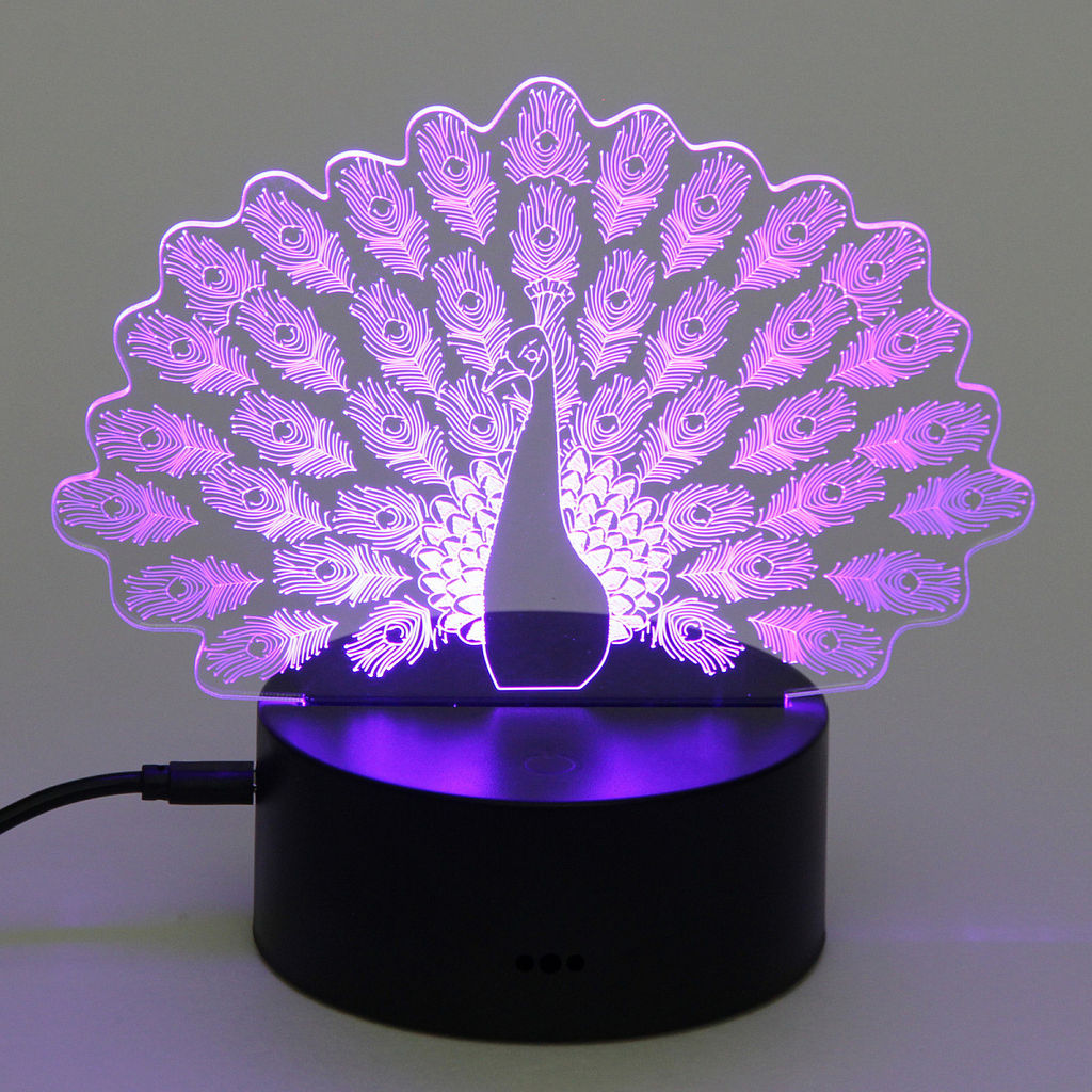 Цена за 2 шт. Светильник ночник "3D-Павлин" на пластиковой подставке, с включателем USB