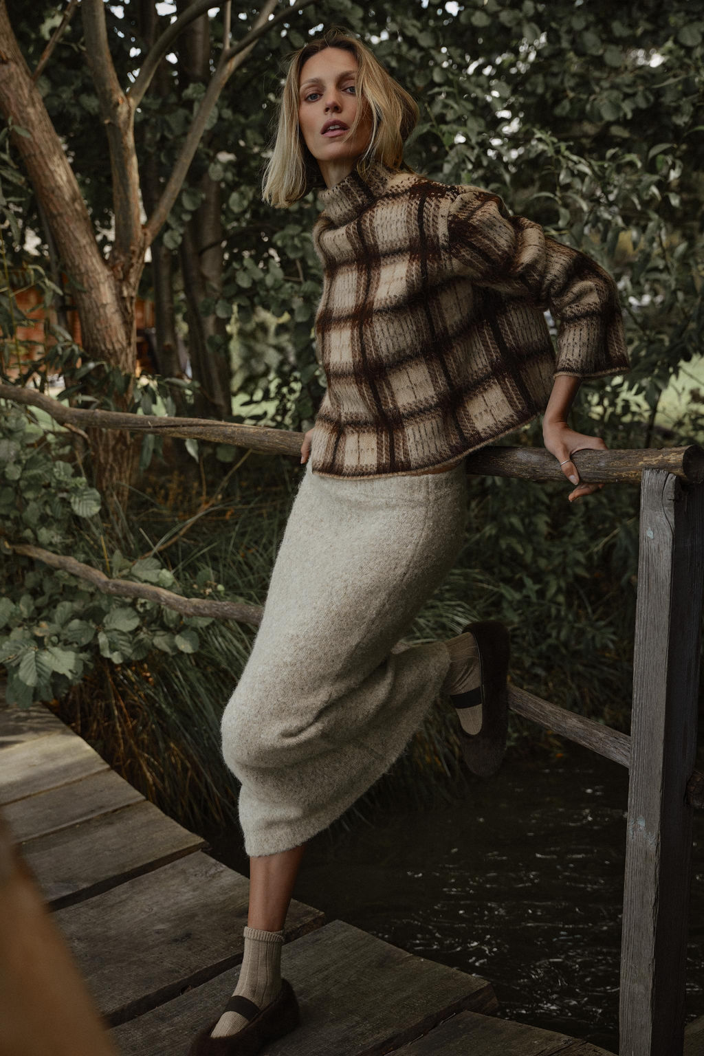 CHECK KNIT SWEATER WITH BRUSHED EFFECT