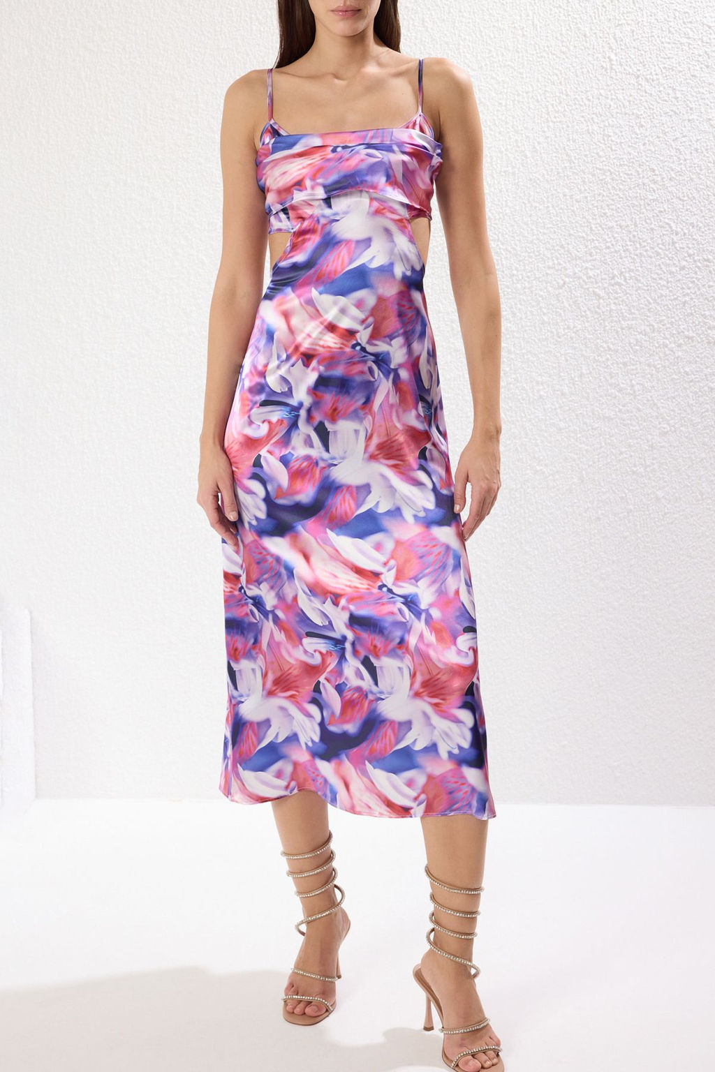 TRENDYOLMILLA Pembe-Cok Renkli Cicek Desenli Dokuma Saten S?k Abiye Elbise TPRSS23EL00305  фото 16