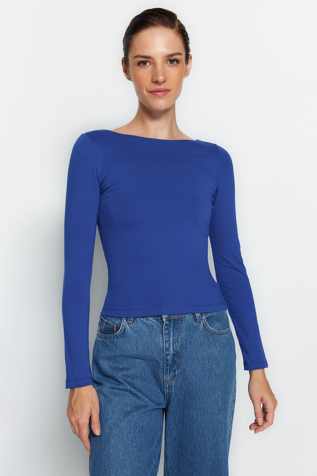 Saks Pamuklu Esnek Kay?k Yaka Fitted/Vucuda Oturan Esnek Orme Bluz TWOAW24BZ00166