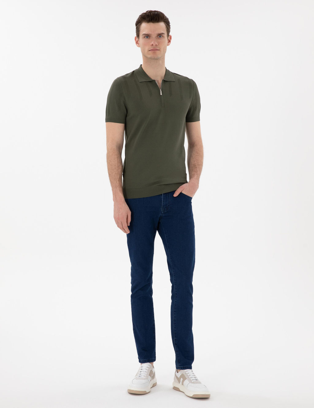 Haki Slim Fit Fermuarl_ Polo Yaka Triko Ti__rt
