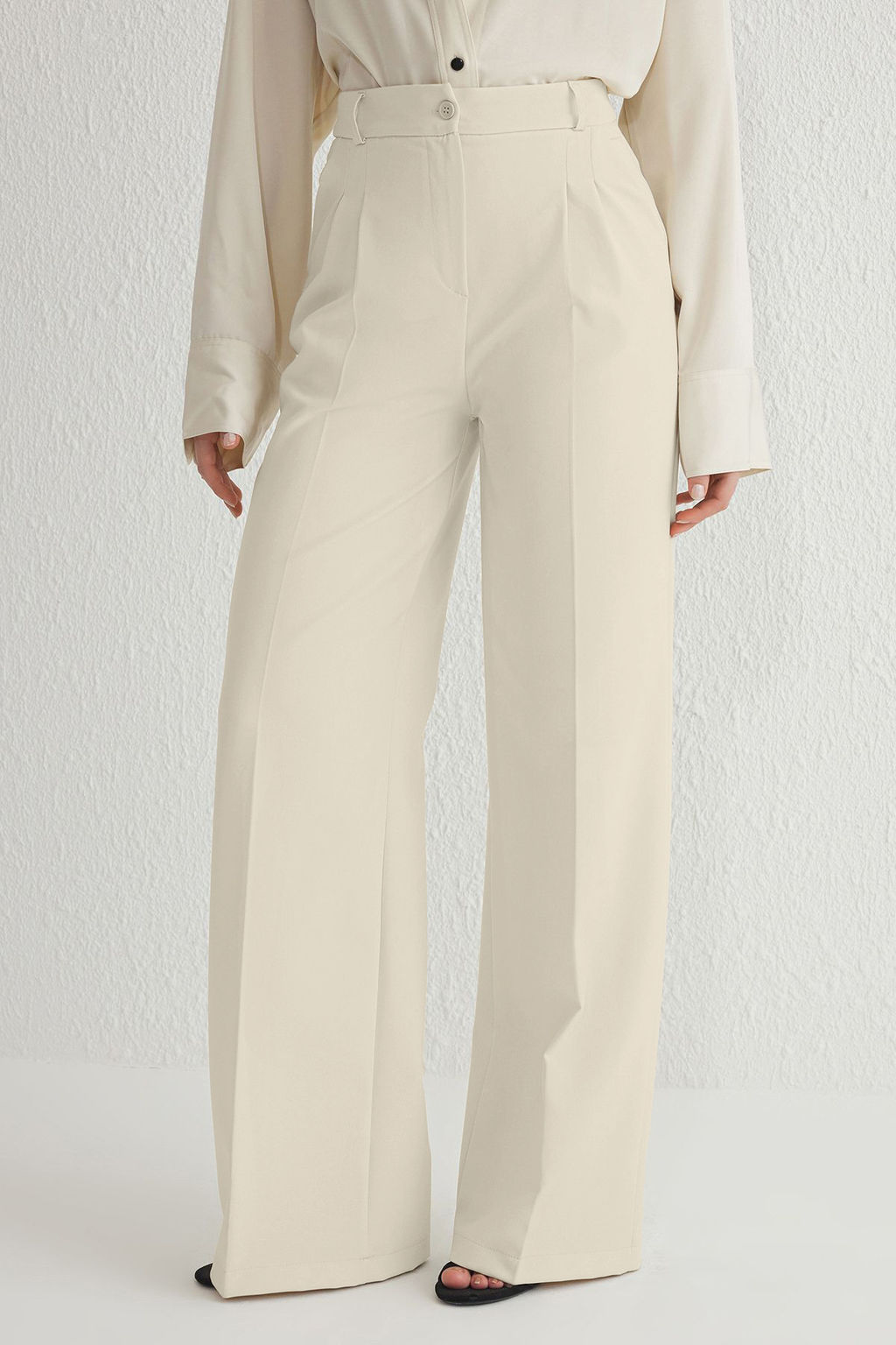 Ekru Pilili Wide Leg/Genis Paca Dokuma Pantolon TWOAW25PL00109 Palazzo