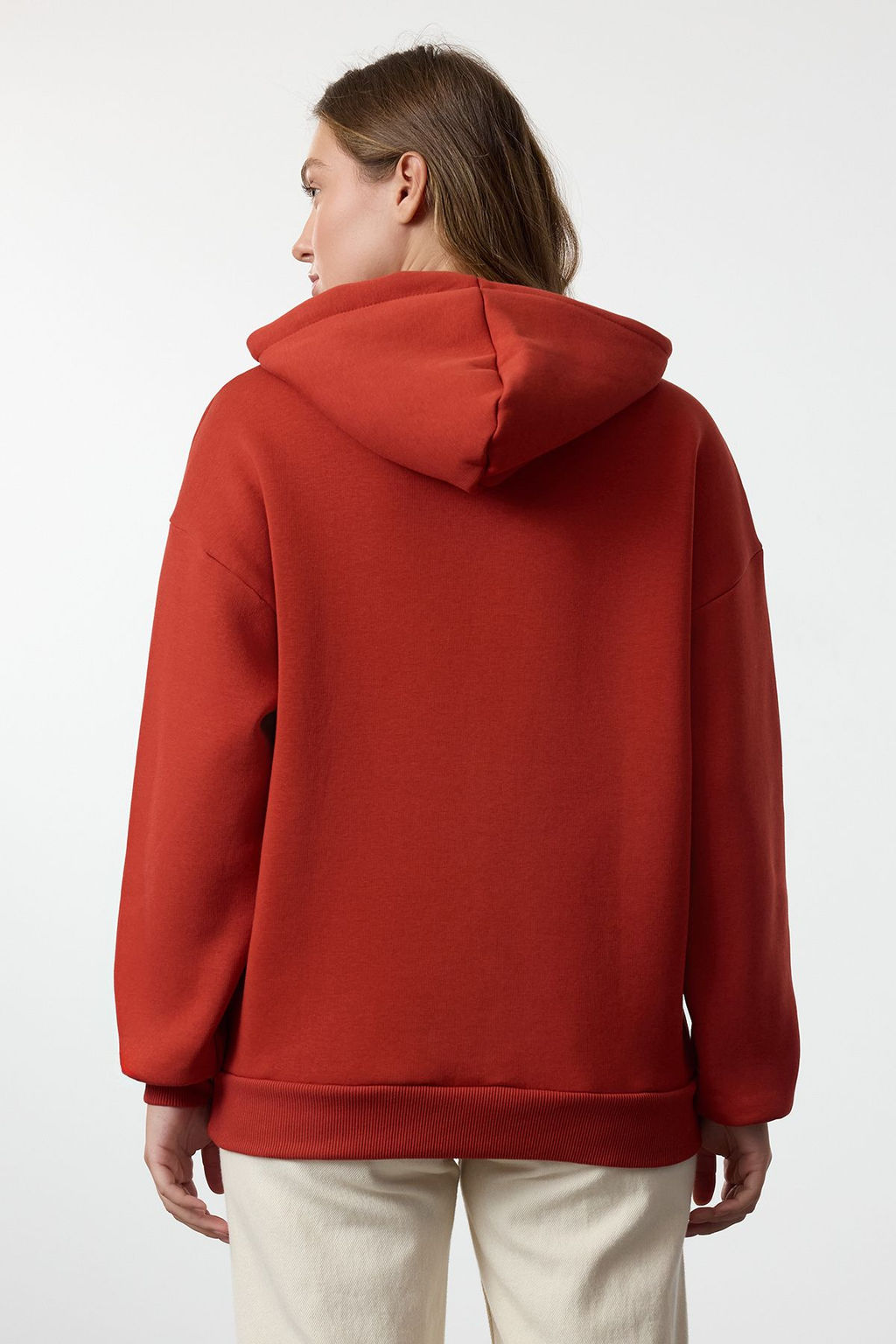 Kiremit Kal?n Ici Polarl? Oversize/Genis Kal?p Kapusonlu Basic Orme Sweatshirt TWOAW24SW00103