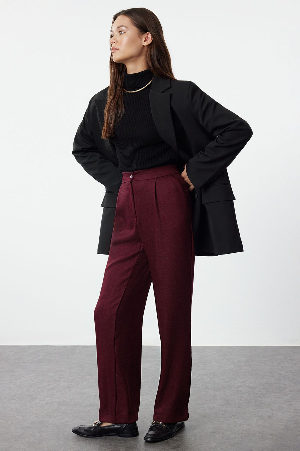 Bordo Straight/Duz Kesim Dokuma Kumas Pantolon TWOAW22PL0321