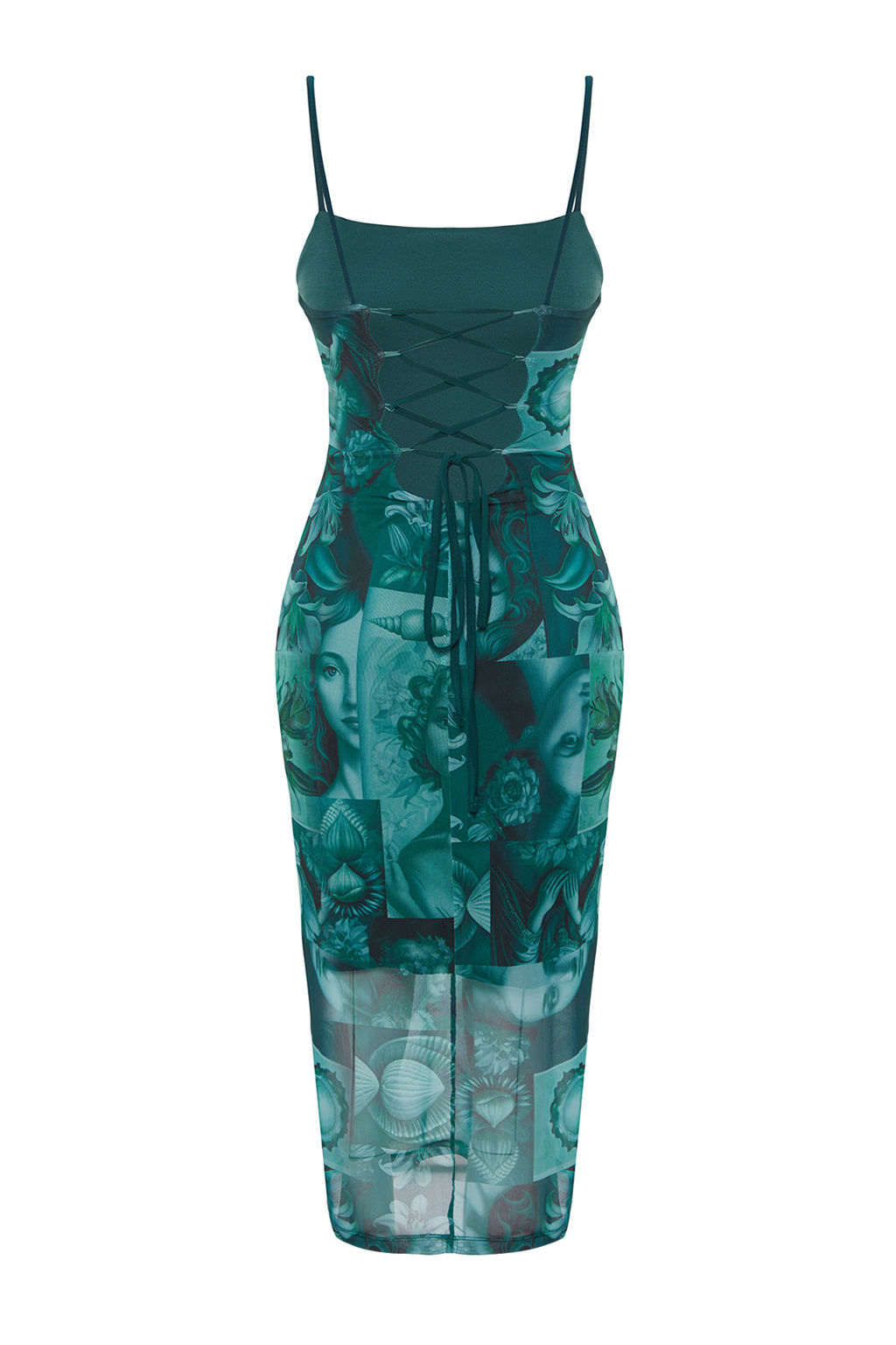 Zumrut Yesili Ask?l? Fitted/Vucuda Oturan Kare Yaka Tul Esnek Orme Midi Kalem Elbise TWOSS22EL00726