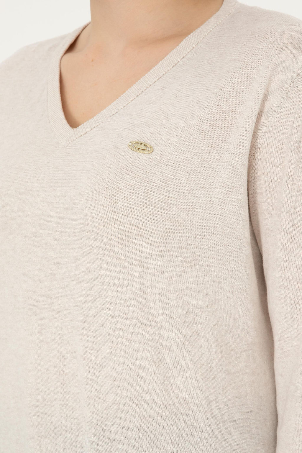 Женский кремовый меланжевый базовый свитер с v-образным вырезом Неожиданная скидка в корзине - U.s. polo assn фото 7