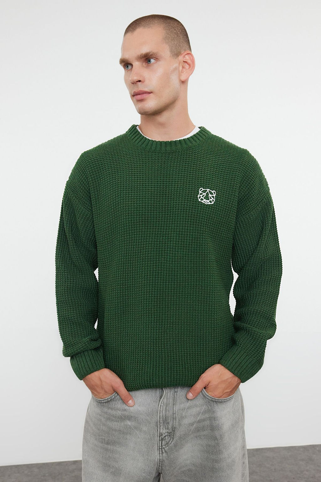 TRENDYOL MAN Indigo Oversize Bisiklet Yaka Dokulu Kazak TMNAW24KZ00032 - Trendyolmilla фото 25