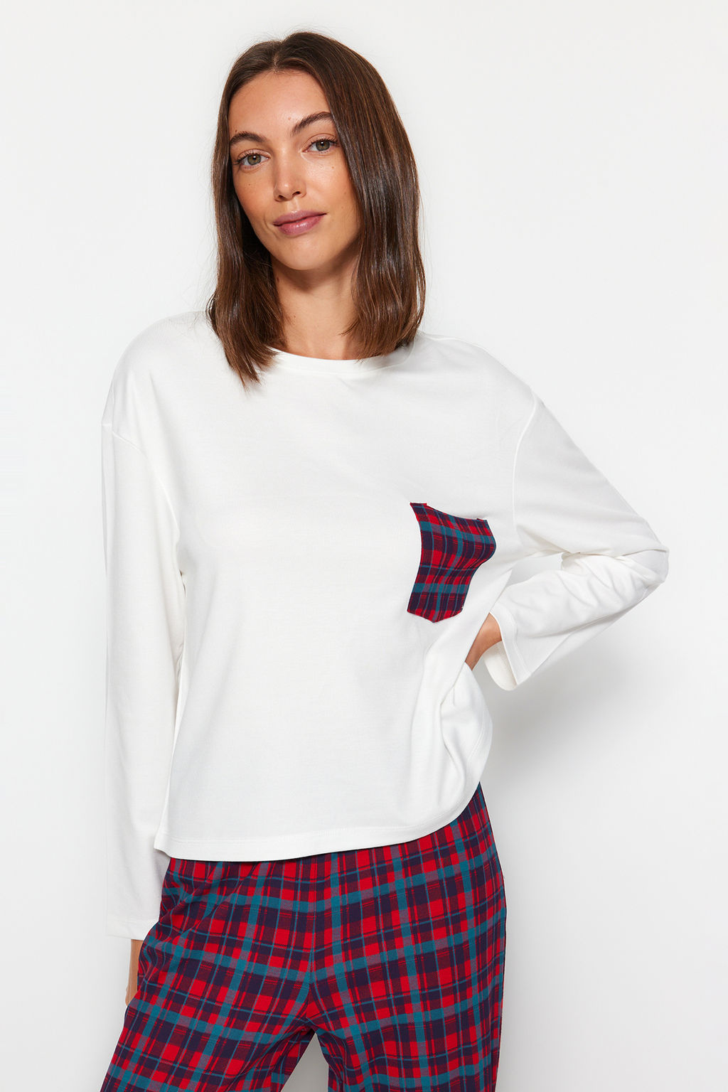 Trendyolmilla Beyaz %100 Pamuklu Ekoseli Cep Detayl? Orme Pijama Tak?m? THMAW24PT00228 фото 2