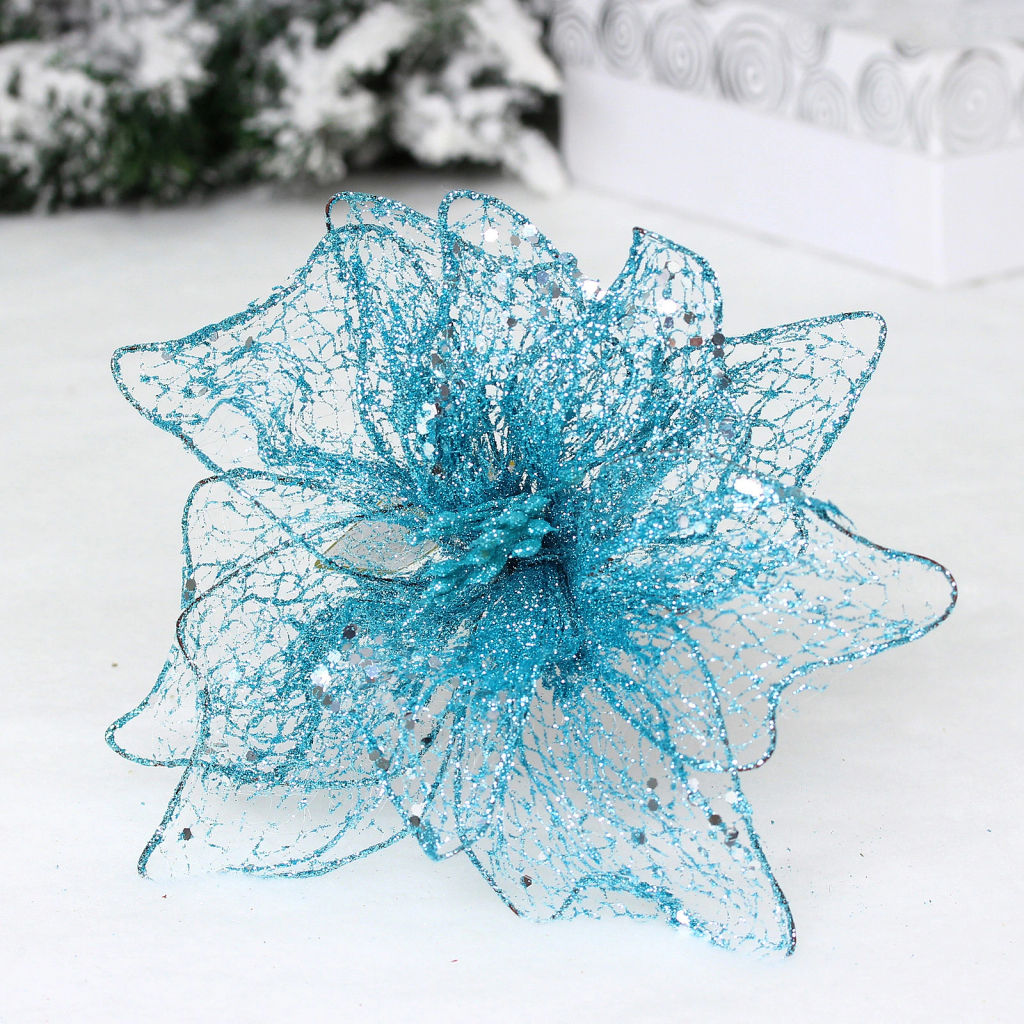 Цена за 2шт. Украшение новогоднее "Пуансеттия - Лунная ночь" 26 см, Голубой