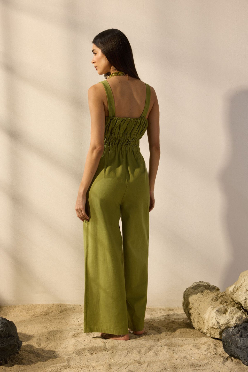 TRENDYOLMILLA Haki Keten Kar?s?ml? Genis Paca Kare Yaka Lastik Detayl? Tulum TWOSS25TU00050 фото 3