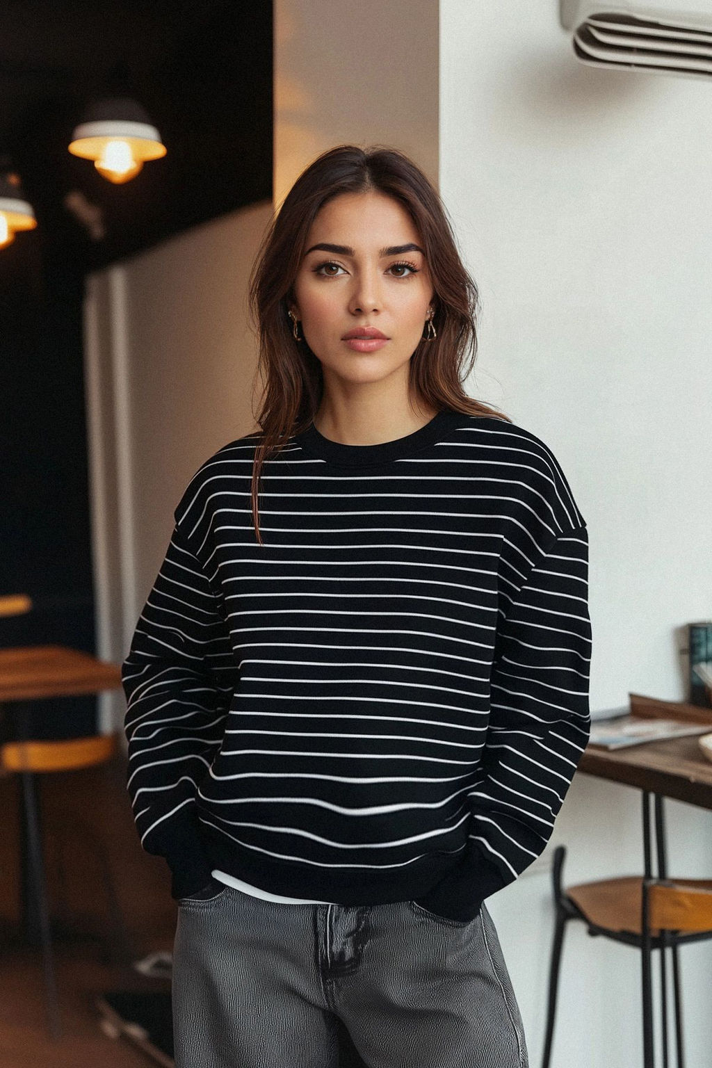 TRENDYOLMILLA Siyah 2 Iplik Bisiklet Yaka Cizgili Regular Orme Sweatshirt TWOAW25SW00324