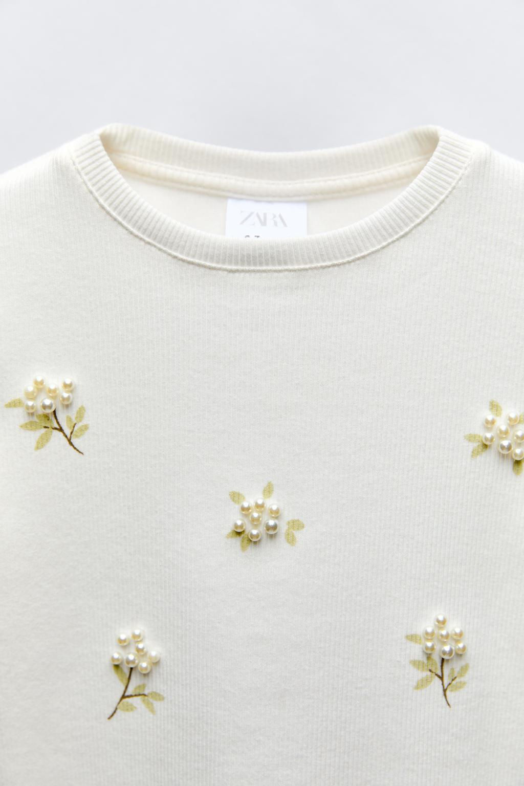 FLORAL FAUX PEARL RIBBED T-SHIRT - Zara фото 3