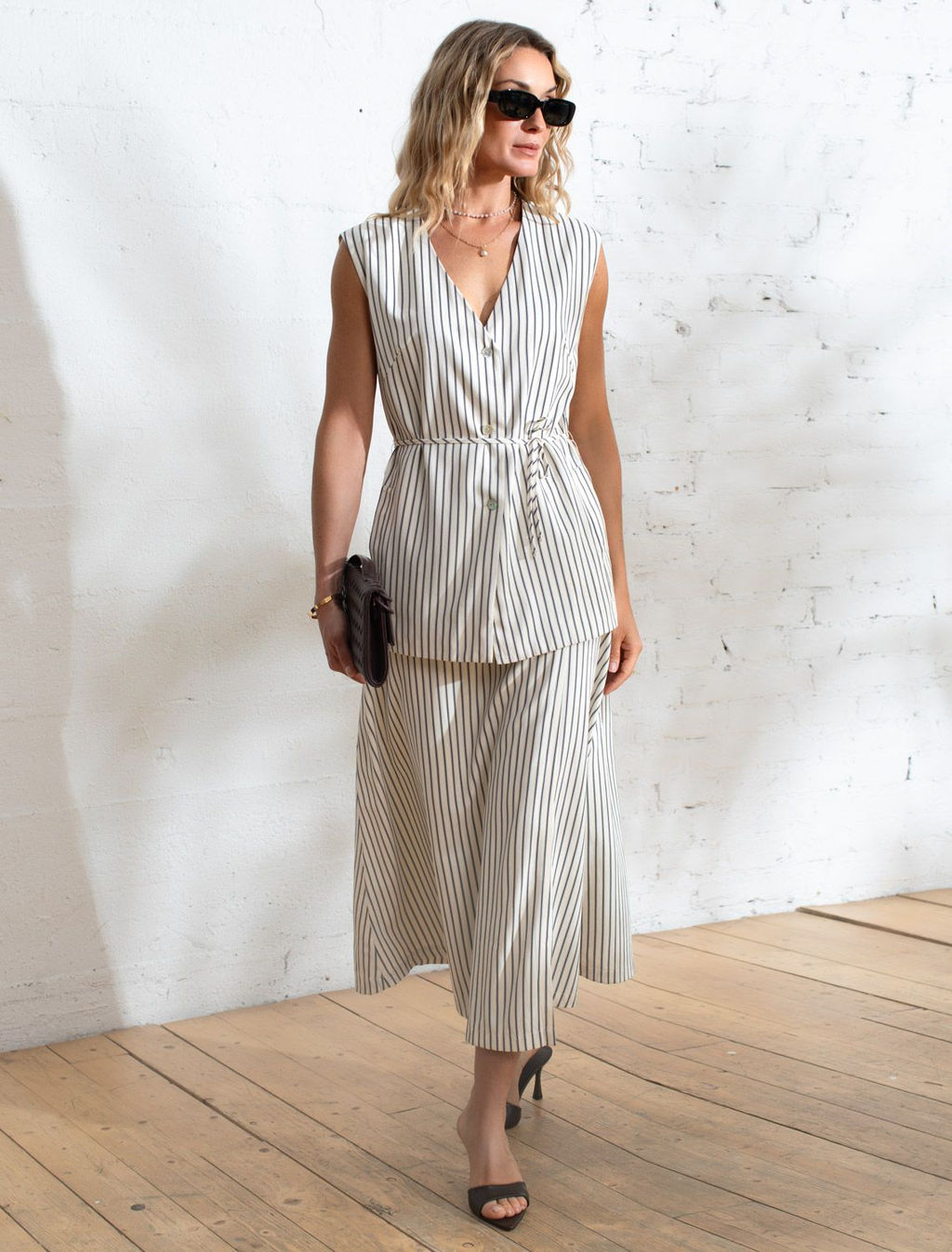 Юбка миди на запАх в полоску из легкого хлопкового поплина - Vilatte фото 5