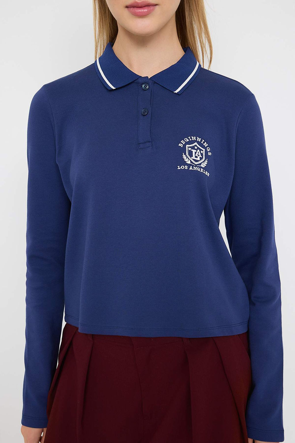 Teen Lacivert Tok Kumasl? Nak?sl? Polo Yaka Dugmeli Regular/Standart Kal?p Orme Bluz TWOAW26BZ00014