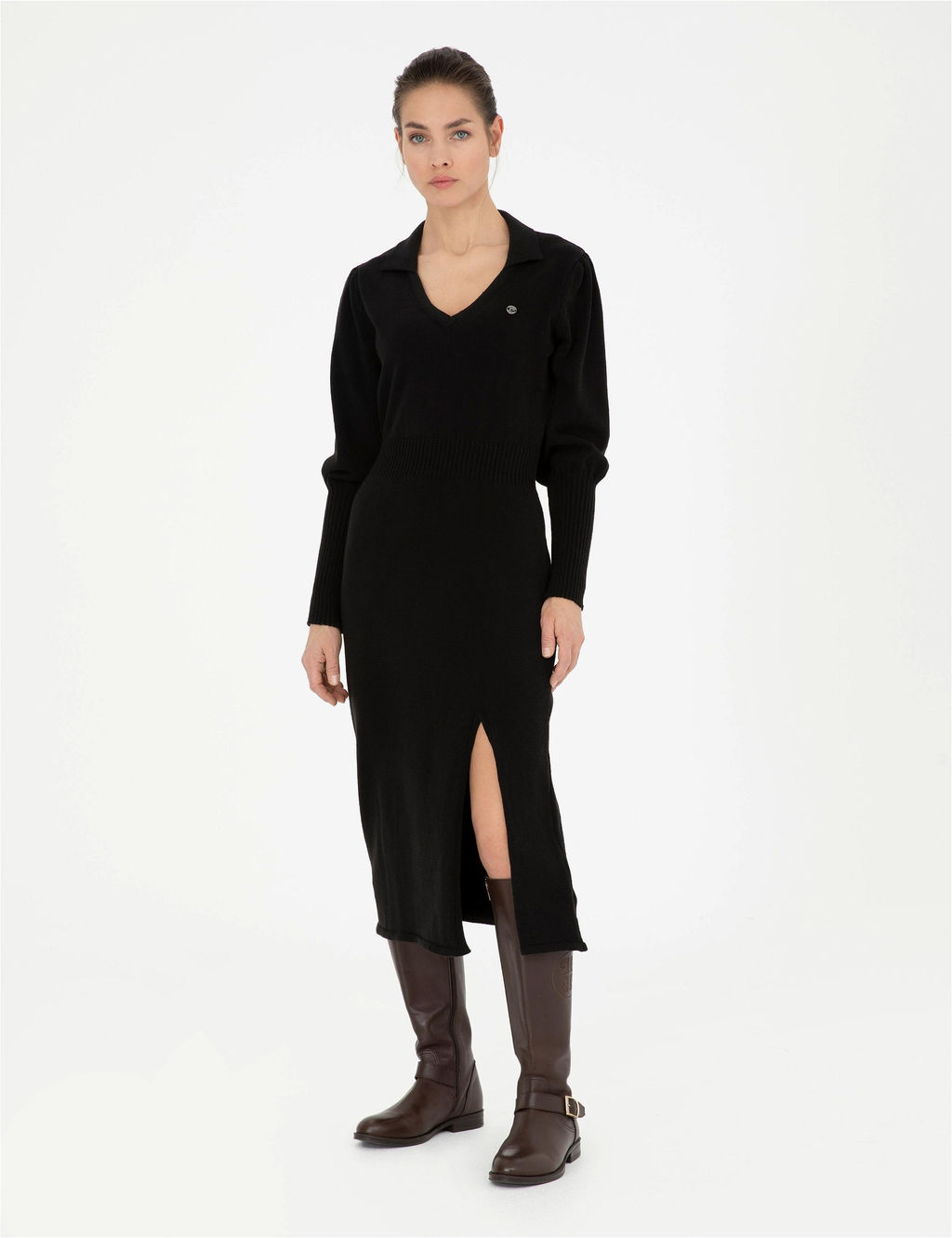 Siyah Regular Fit Triko Elbise