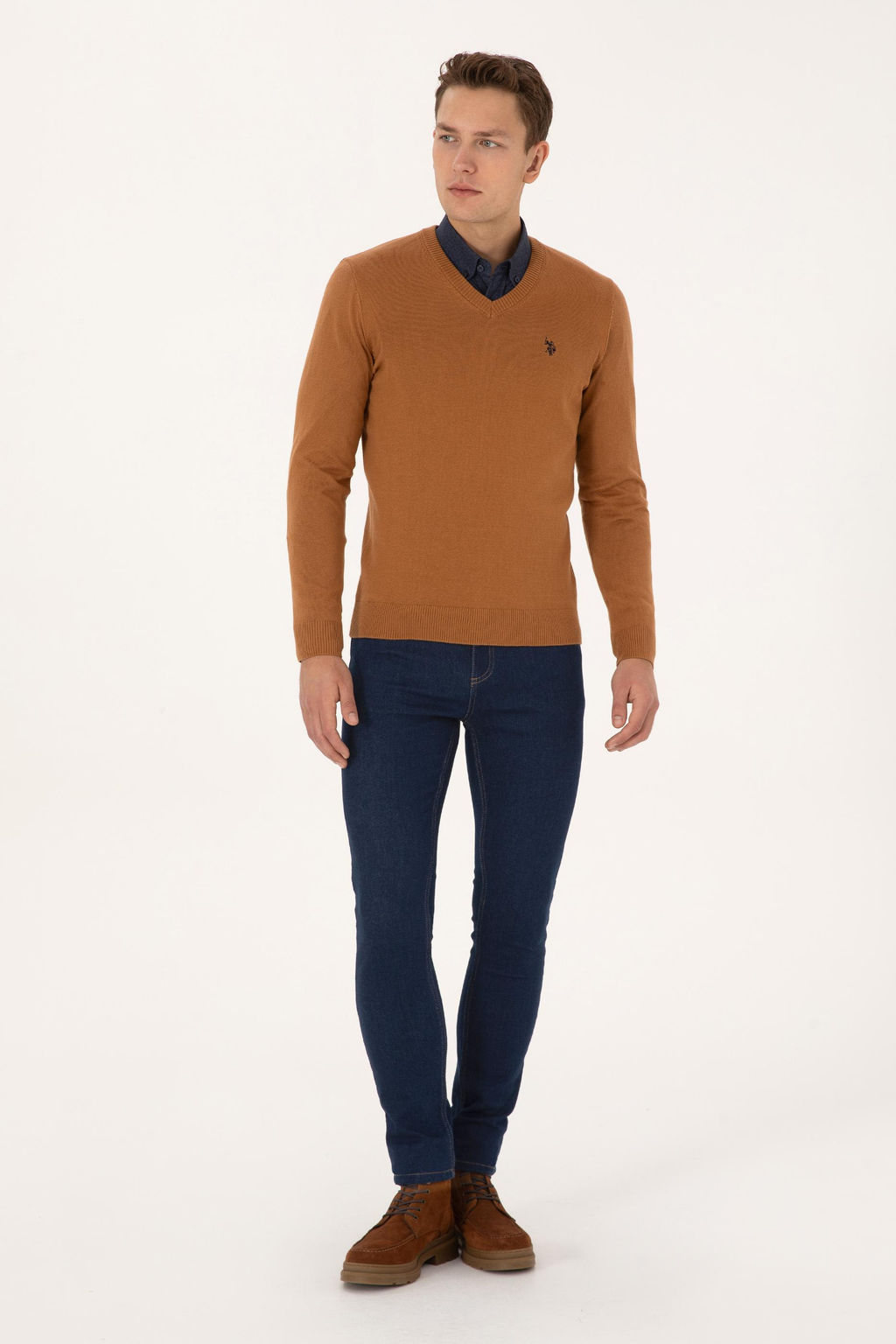 Erkek Slim Fit V Yaka Camel Basic Triko Kazak - U.s. polo assn фото 4