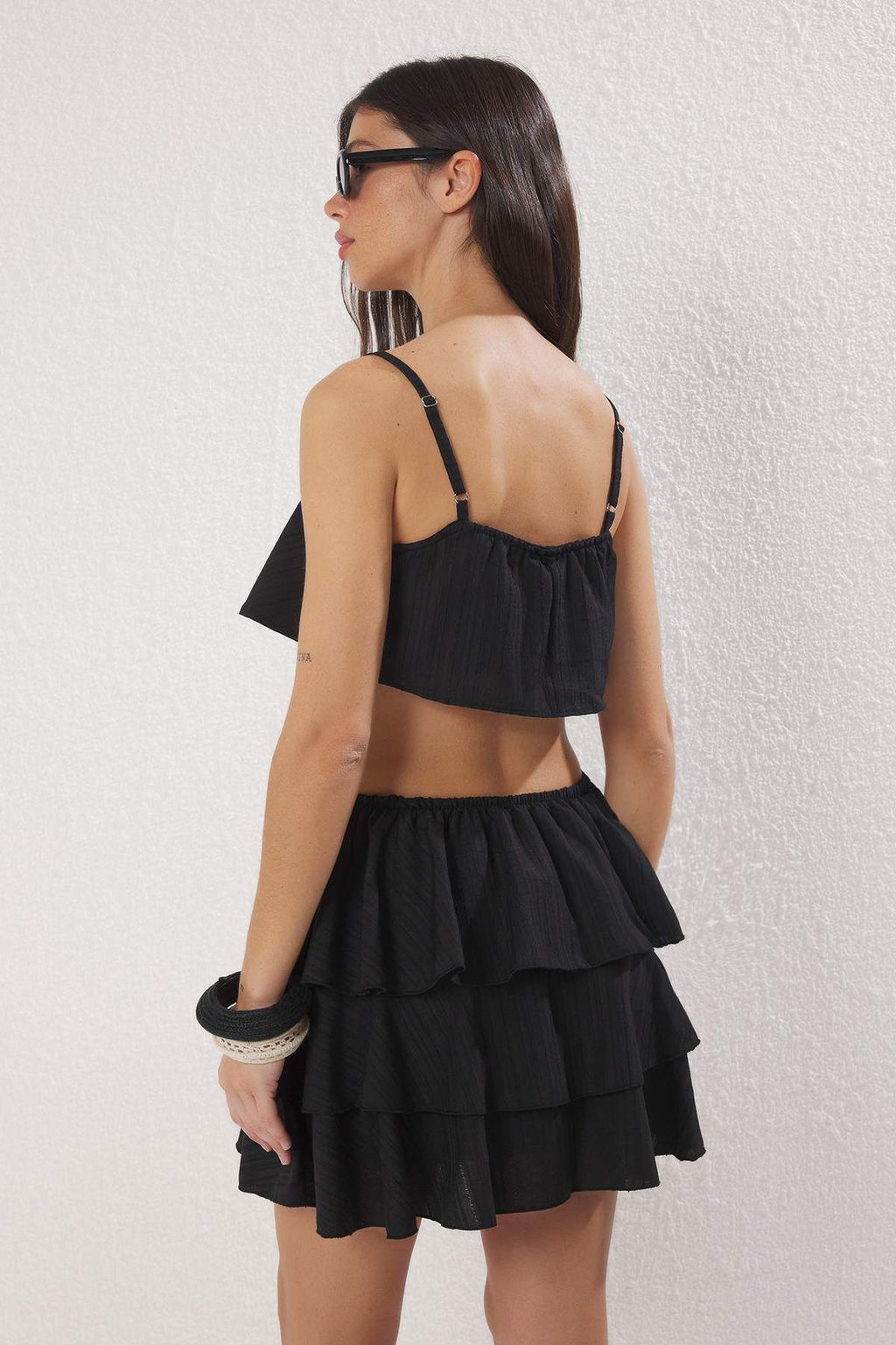 Siyah Dokuma F?rf?rl? %100 Pamuk Plaj Bluz-Etek Tak?m TBESS25AU00106