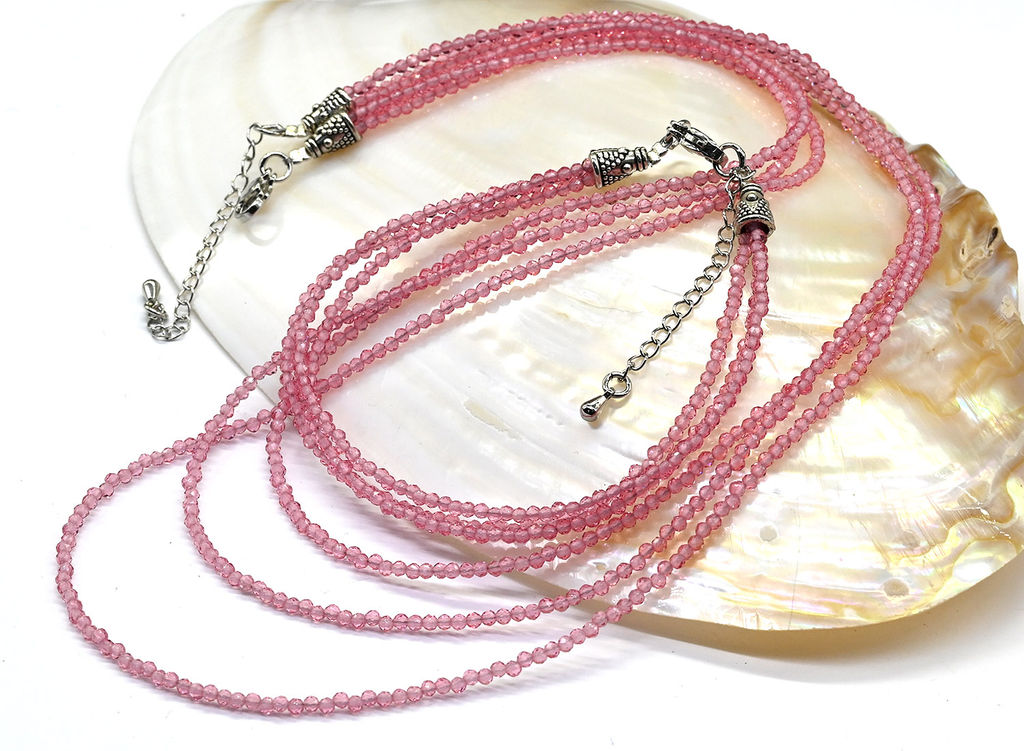 Колье с браслетом из шпинели цв.розовый, 3 нити, шарик гр.2мм, 47см, 19см, 15г