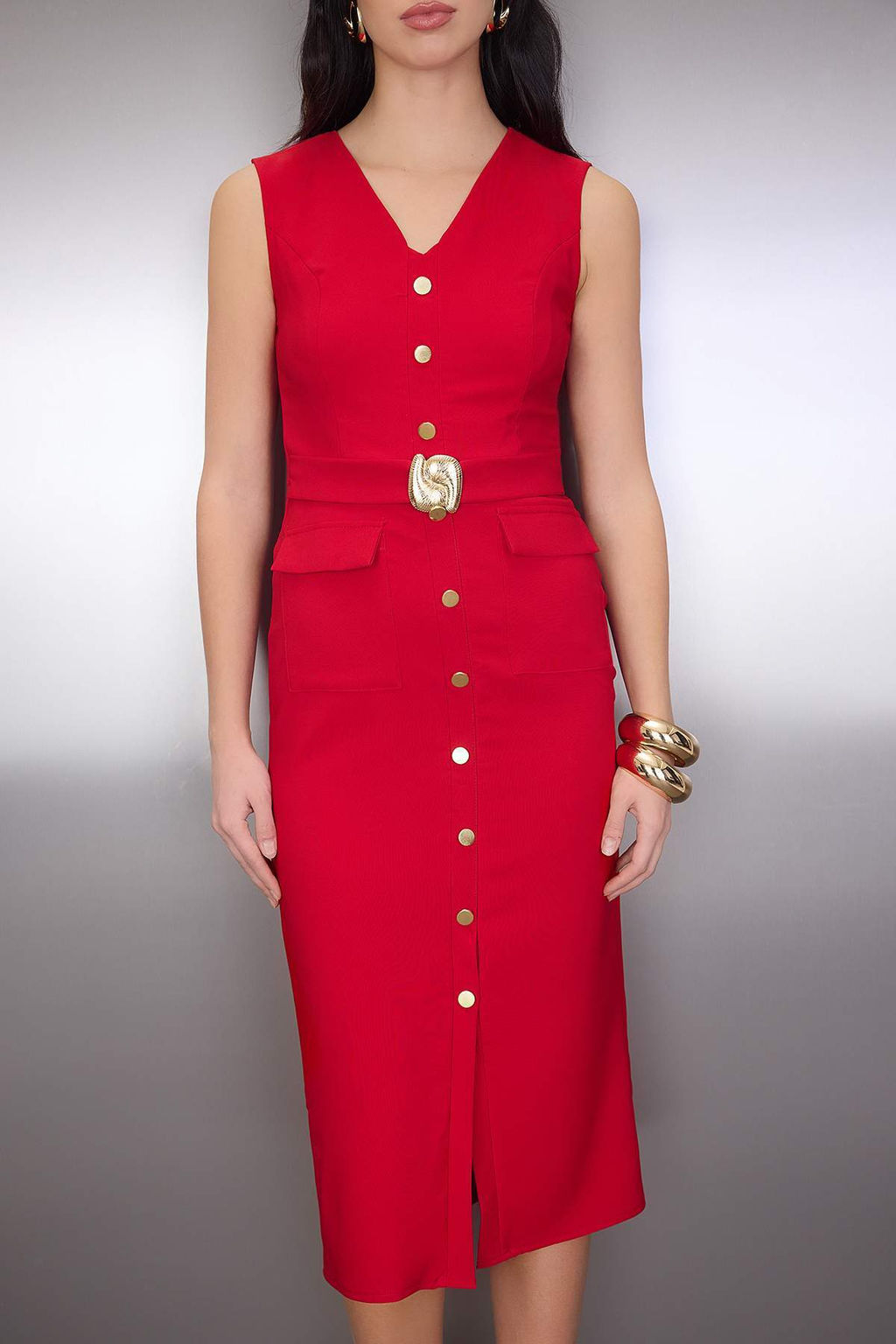 K?rm?z? Kemerli Duz Aksesuar Detayl? Midi Dokuma Elbise TWOAW26EL00073