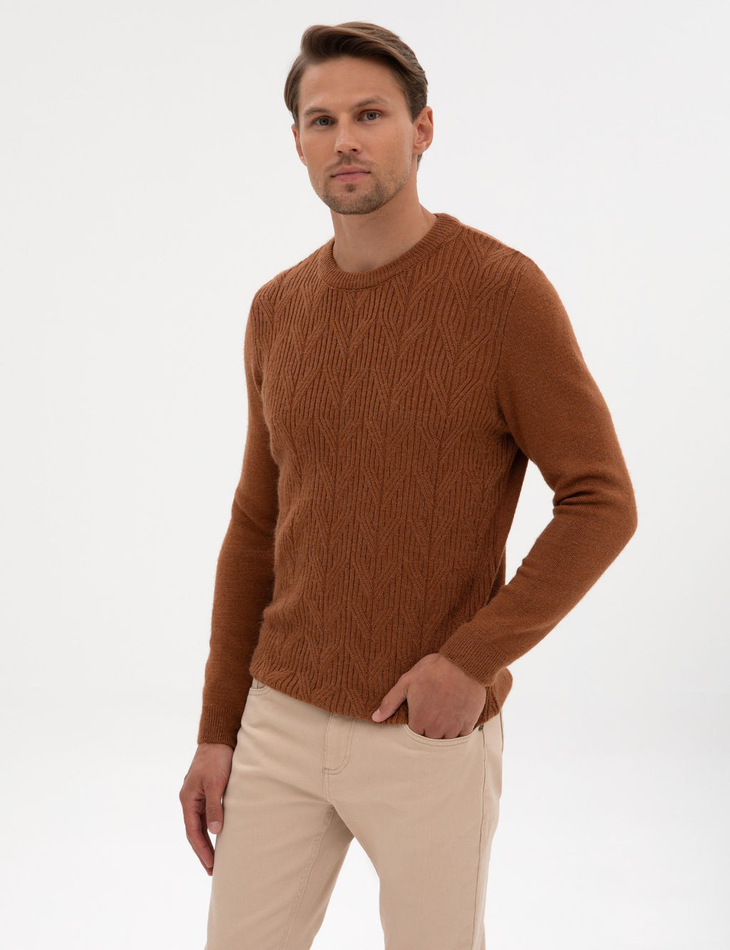 Kahverengi Regular Fit Bisiklet Yaka Triko Kazak