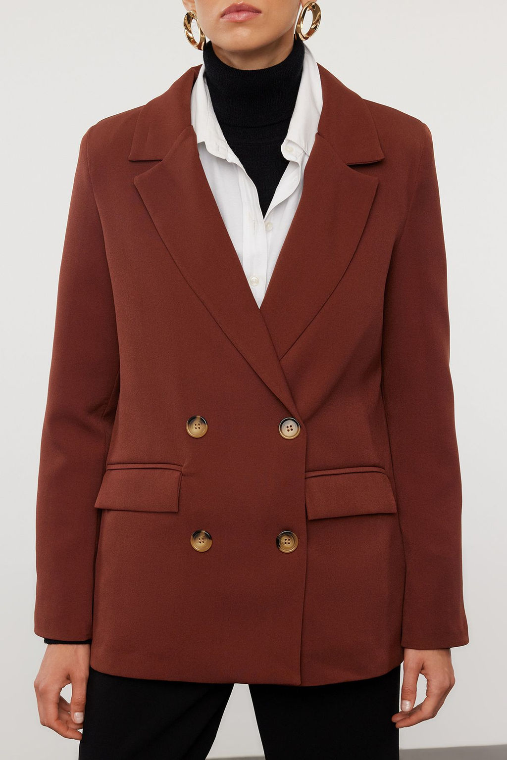 Koyu Kahverengi Regular Astarl? Kruvaze Kapama Dokuma Blazer Ceket TWOAW21CE0264