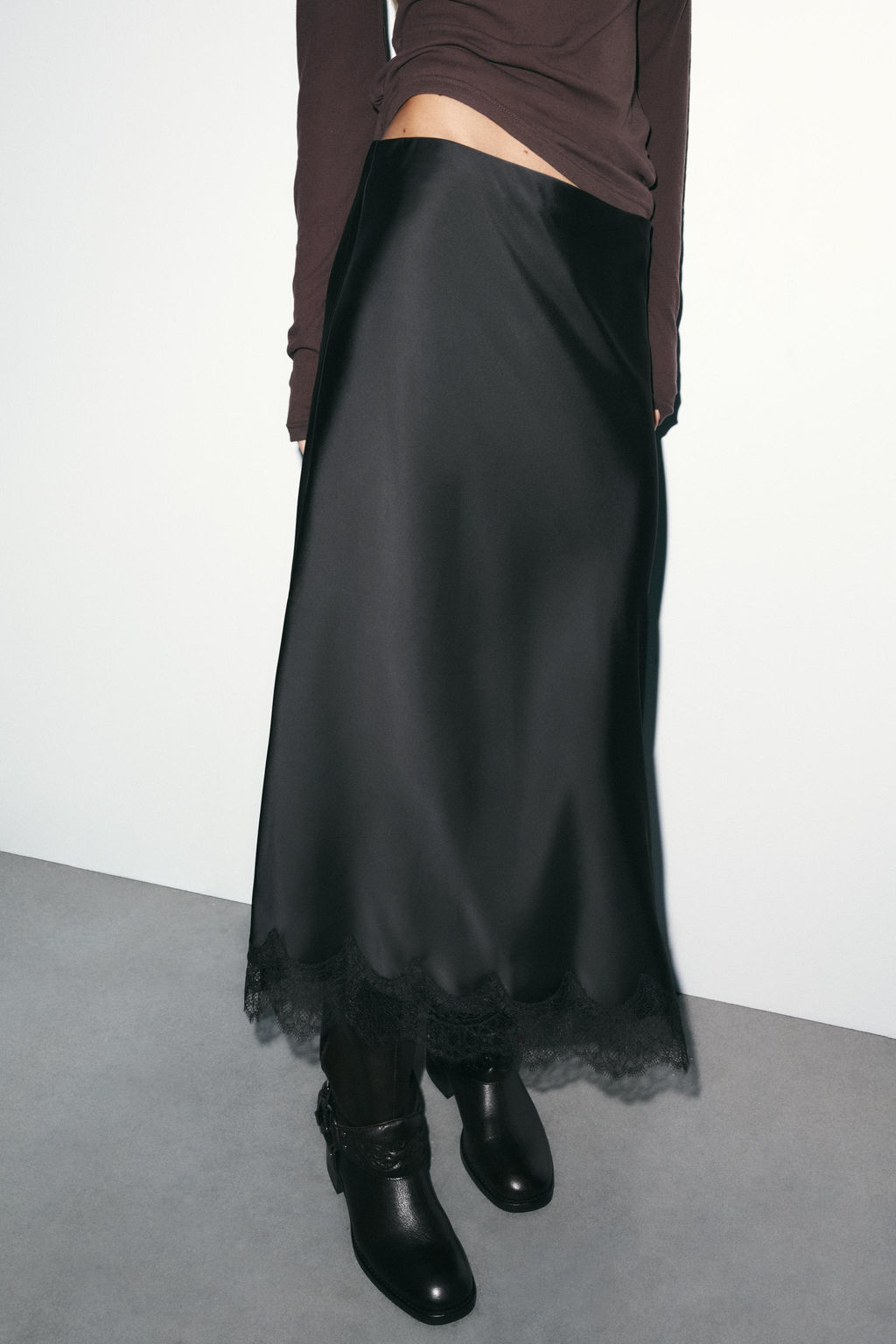 LACE TRIM SATIN MIDI SKIRT - Zara фото 14