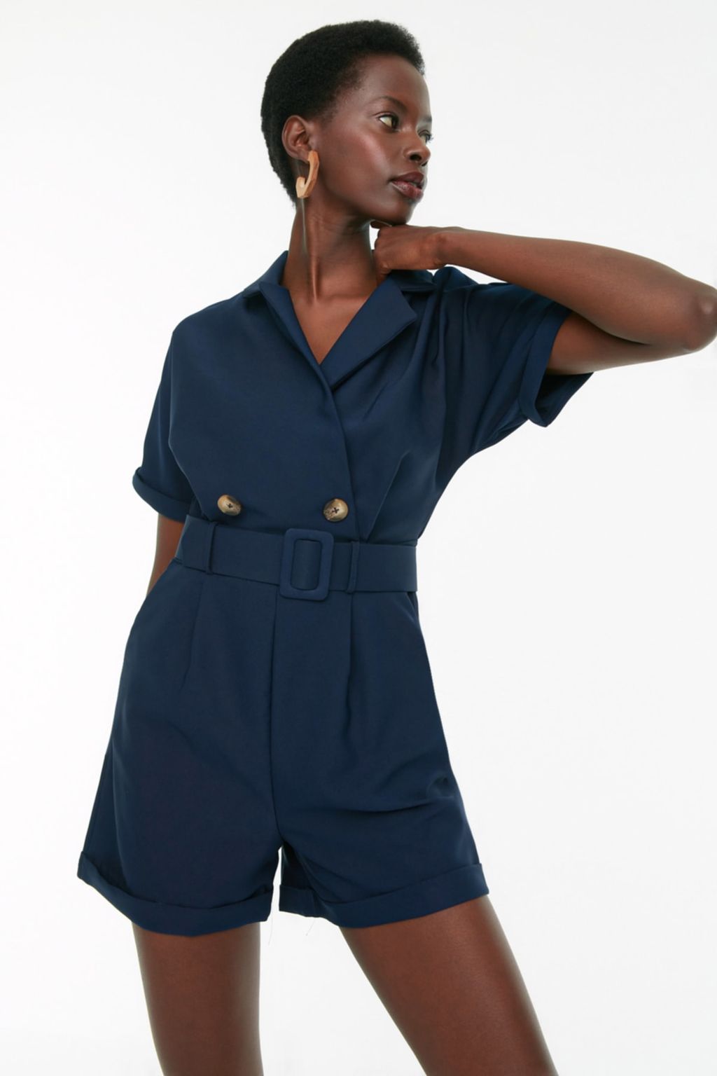 Lacivert Kemerli Kurvaze Yaka Mini Dokuma Tulum TWOSS19WX0112